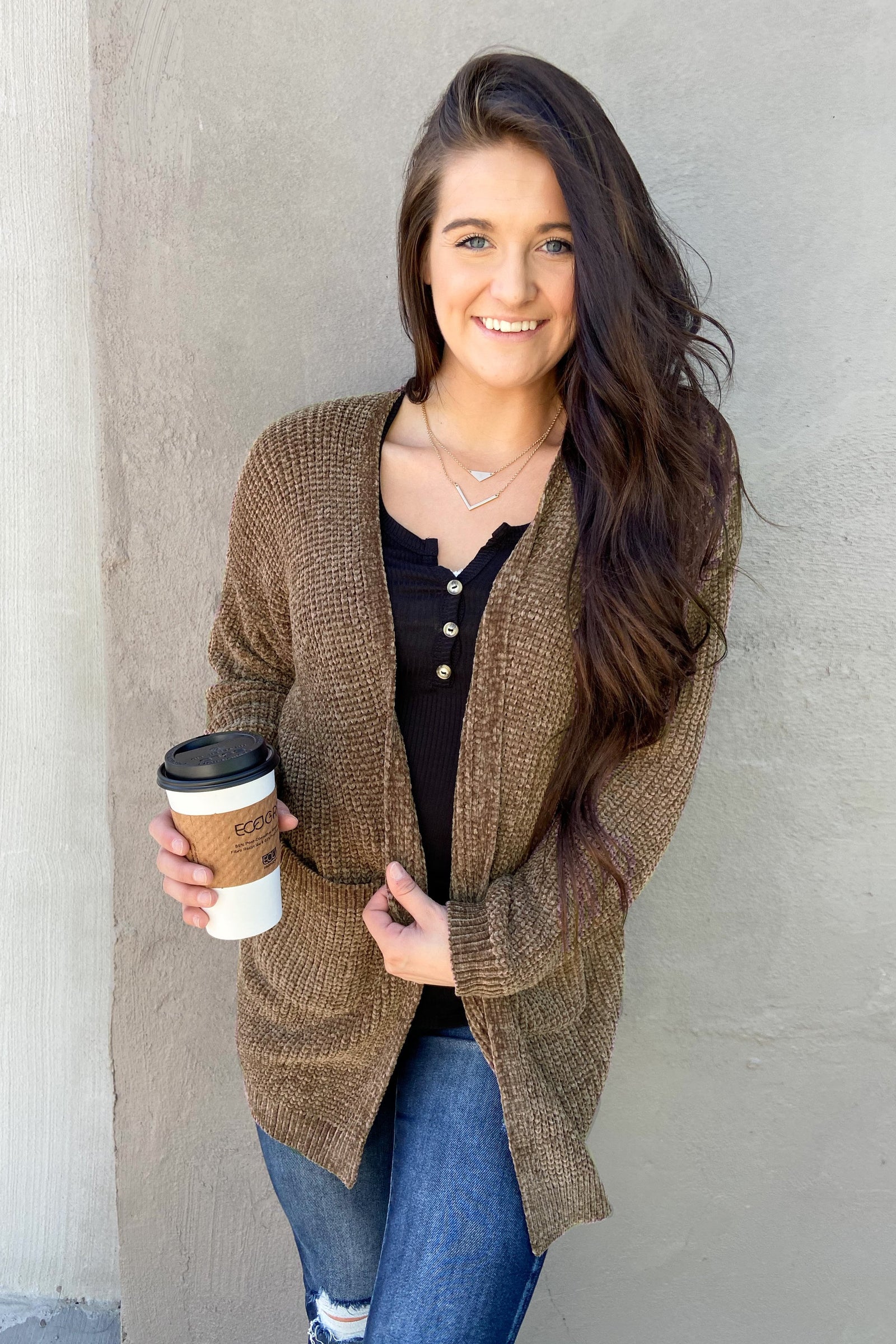 Have My Heart Velvet Chenille Cardigan- Mocha