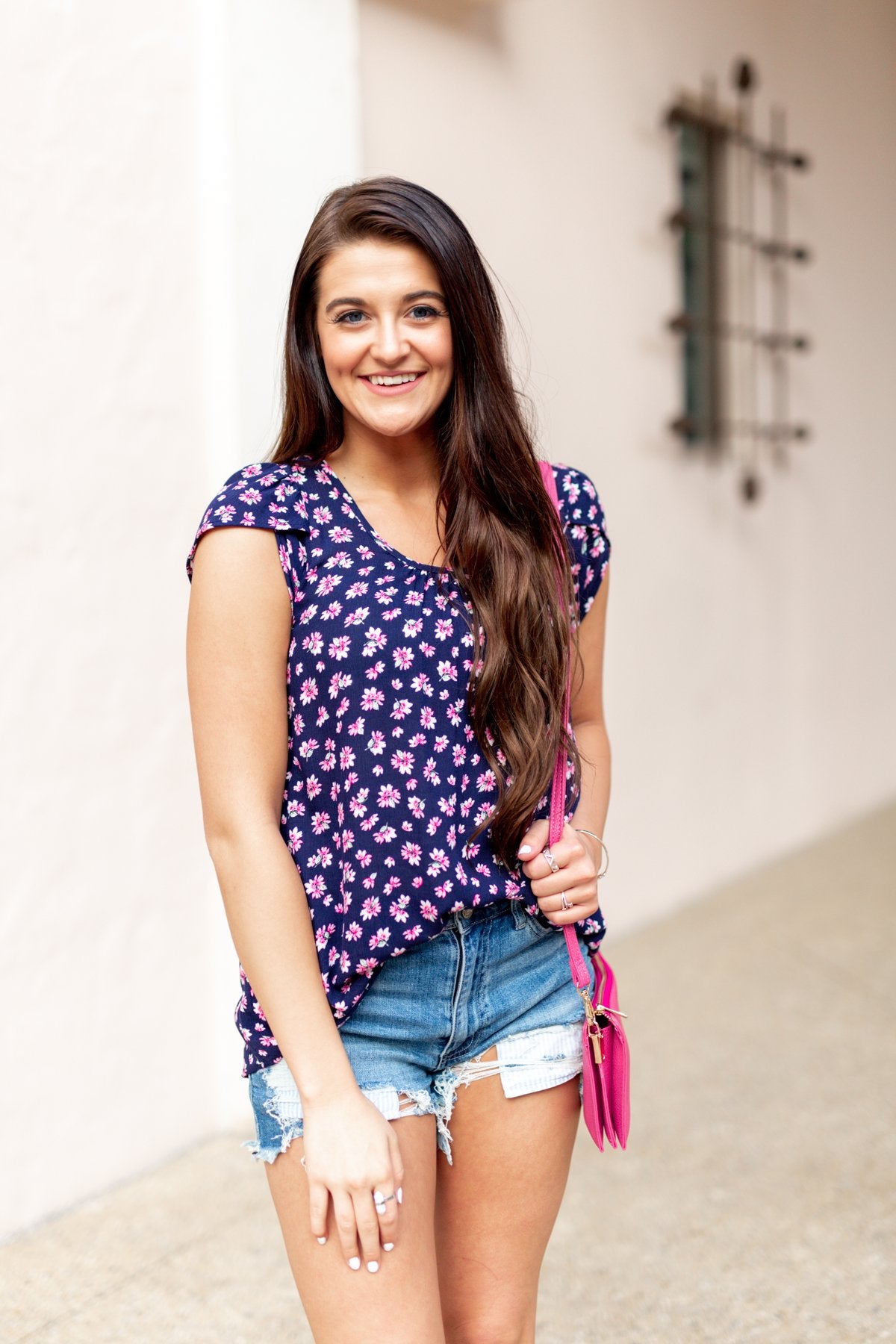 Dancing In Fields Floral Top- Navy & Pink