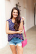 Dancing In Fields Floral Top- Navy & Pink