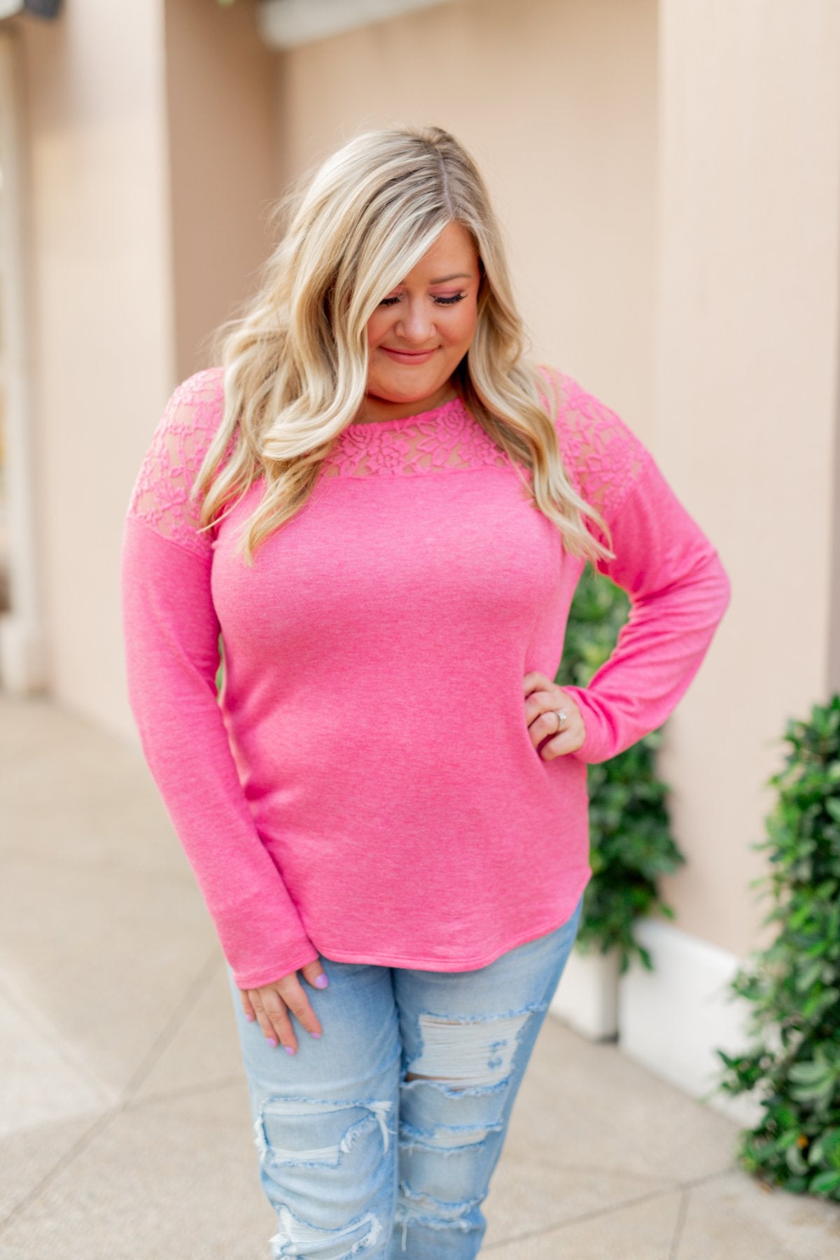 Hometown Dreamer Lace Pullover Top- Lipstick Pink