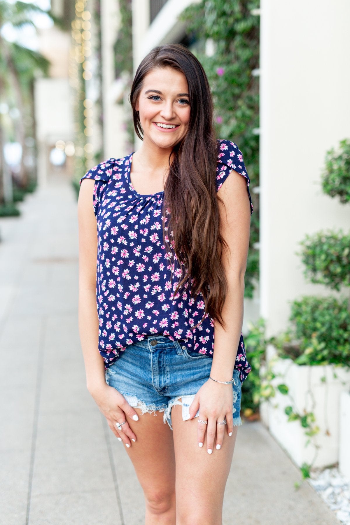 Dancing In Fields Floral Top- Navy & Pink