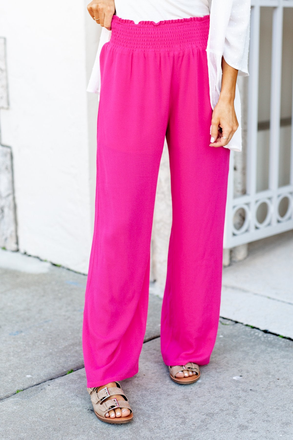 Smocked Waistband Wide Leg Pants- Fuchsia