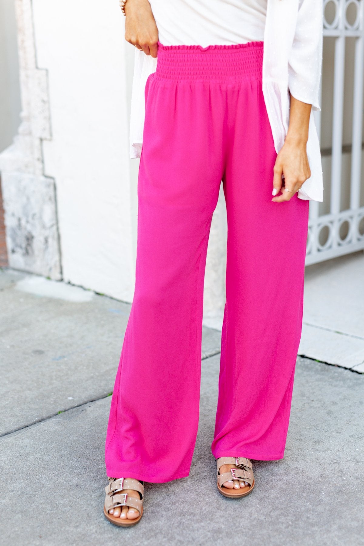 Smocked Waistband Wide Leg Pants- Fuchsia