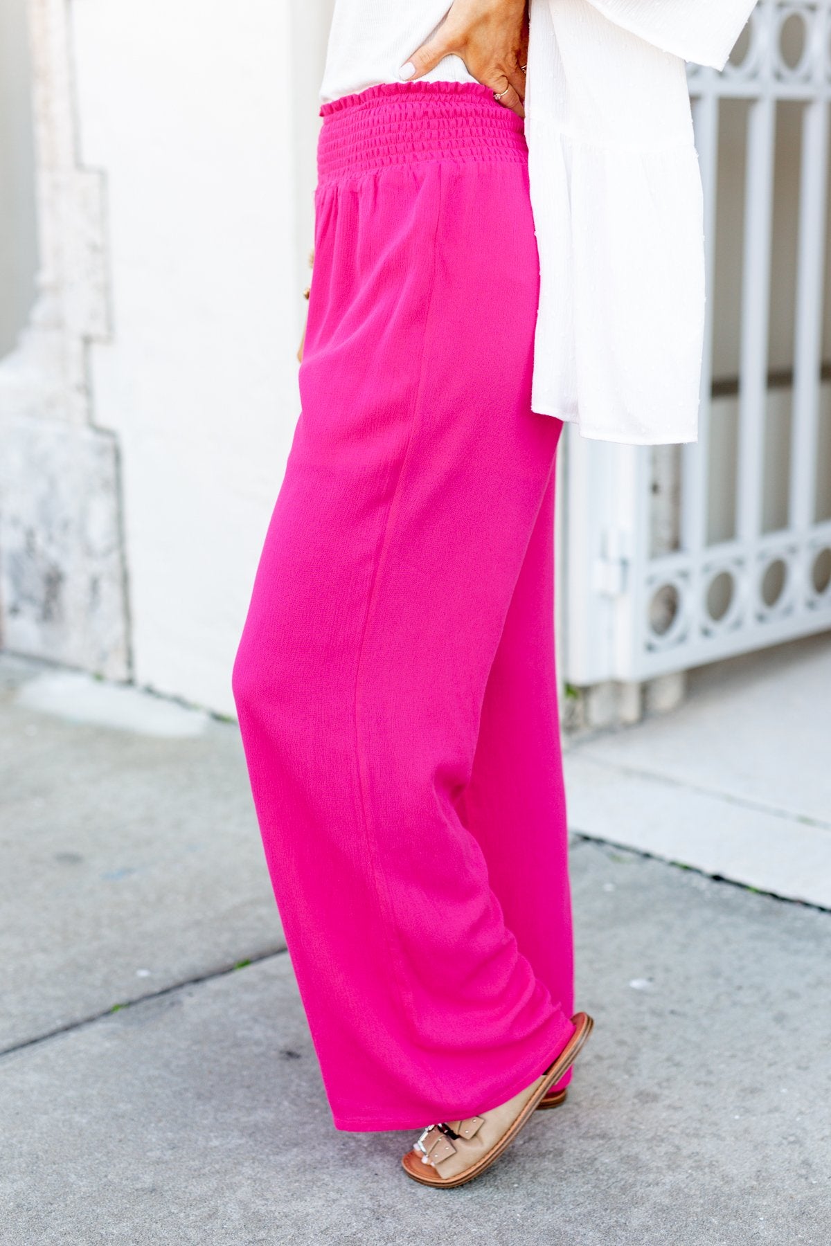 Smocked Waistband Wide Leg Pants- Fuchsia