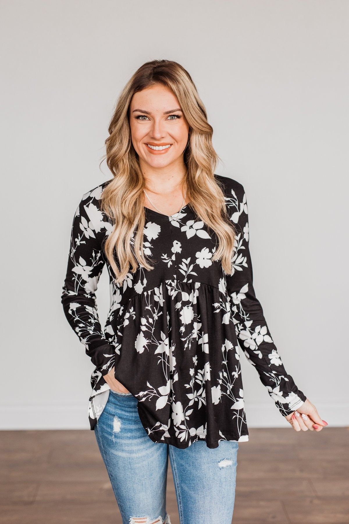 Moonlit Moments Floral Babydoll Top- Black