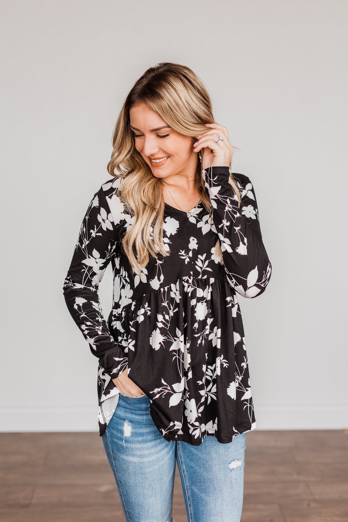 Moonlit Moments Floral Babydoll Top- Black