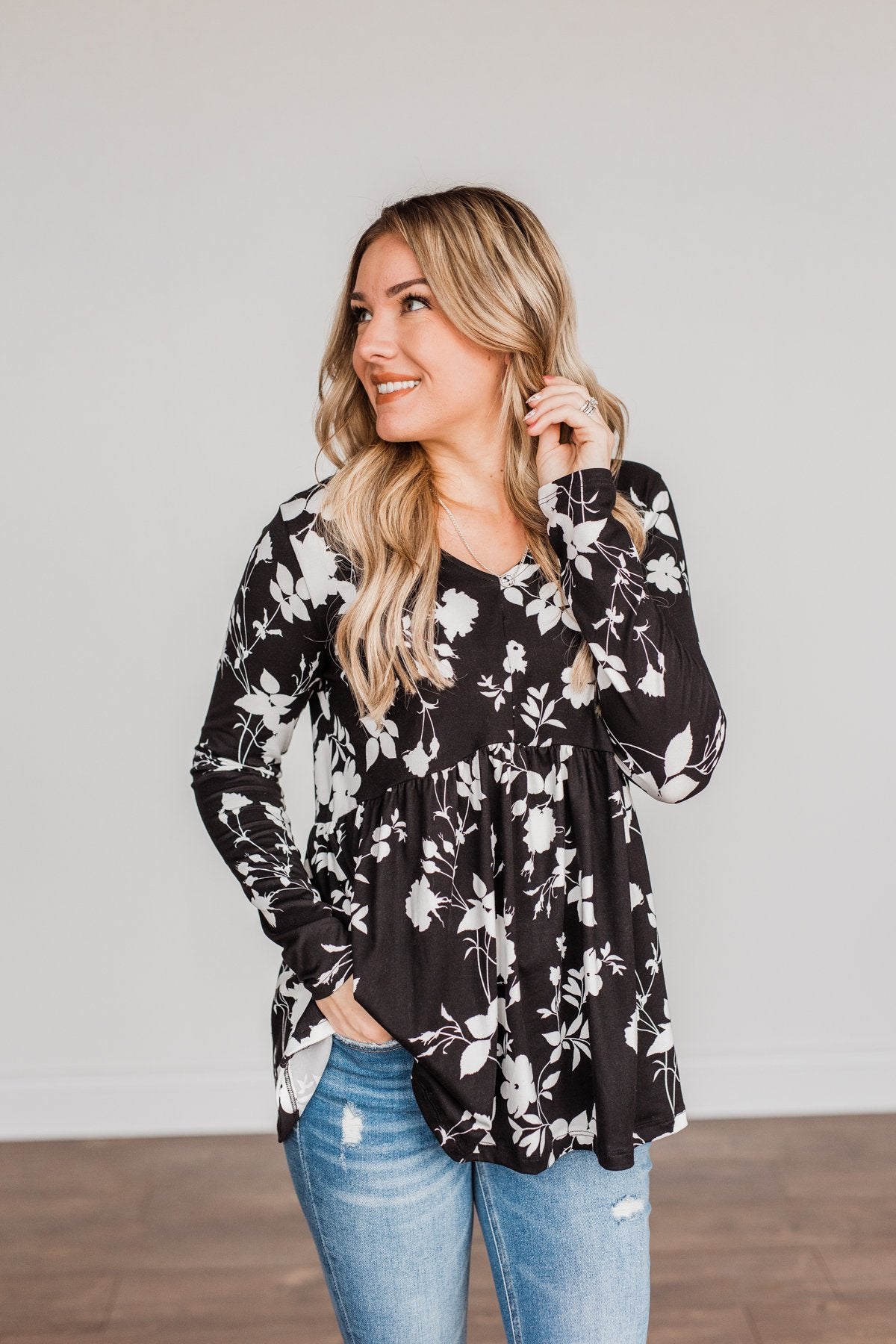Moonlit Moments Floral Babydoll Top- Black