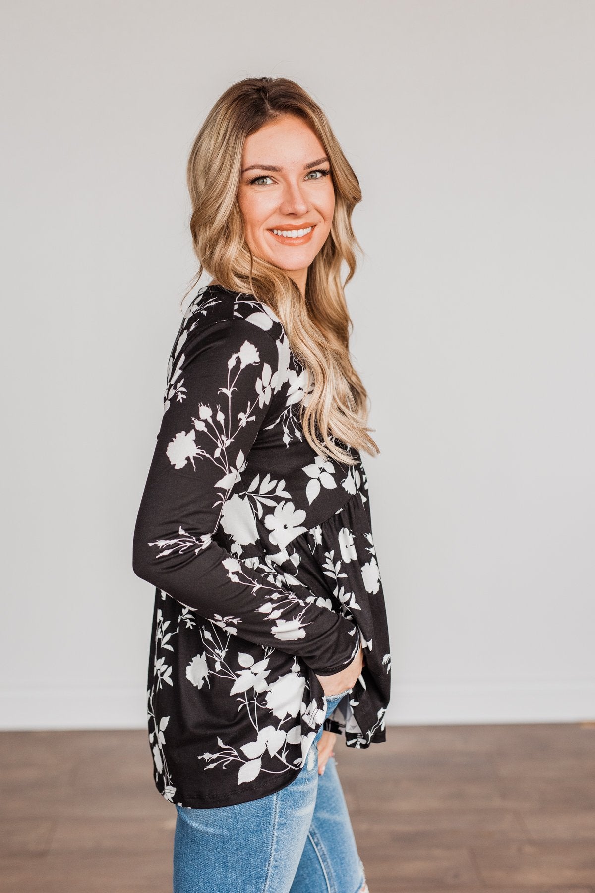 Moonlit Moments Floral Babydoll Top- Black