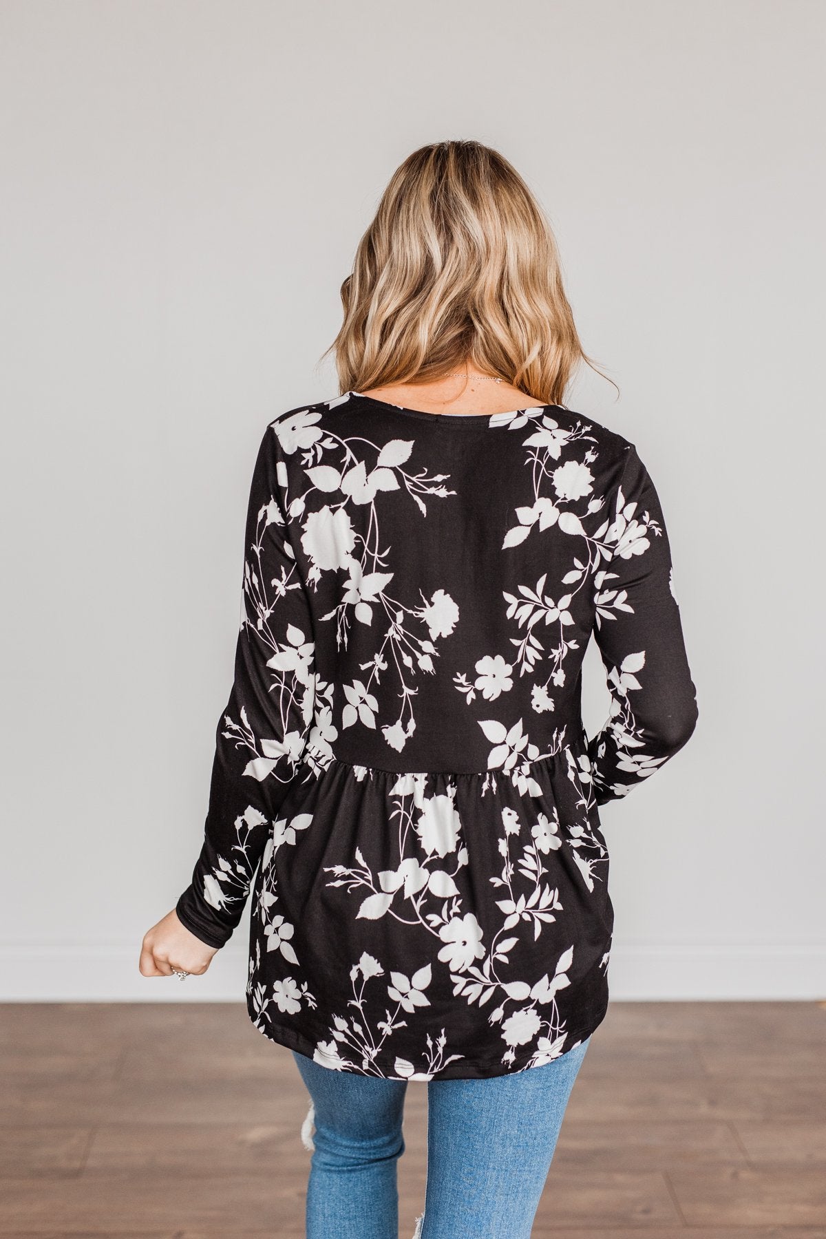 Moonlit Moments Floral Babydoll Top- Black