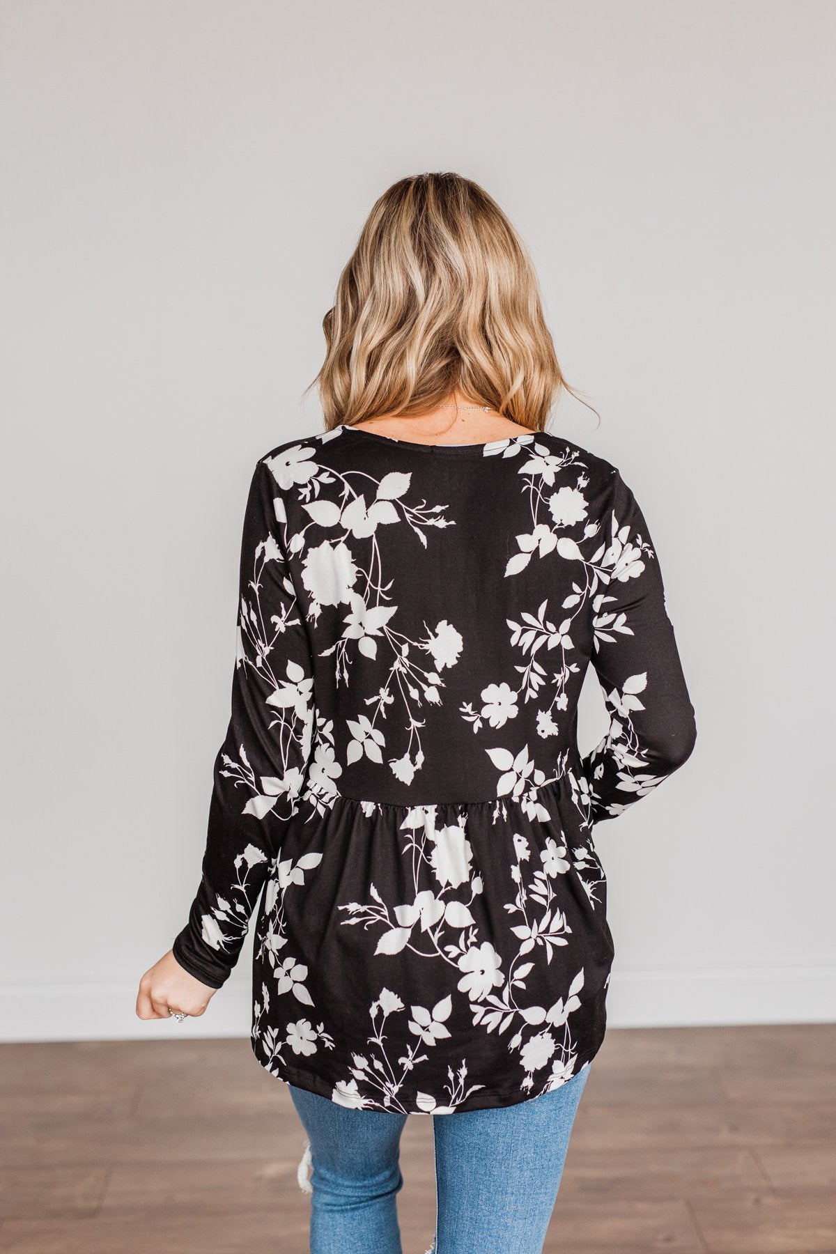 Moonlit Moments Floral Babydoll Top- Black