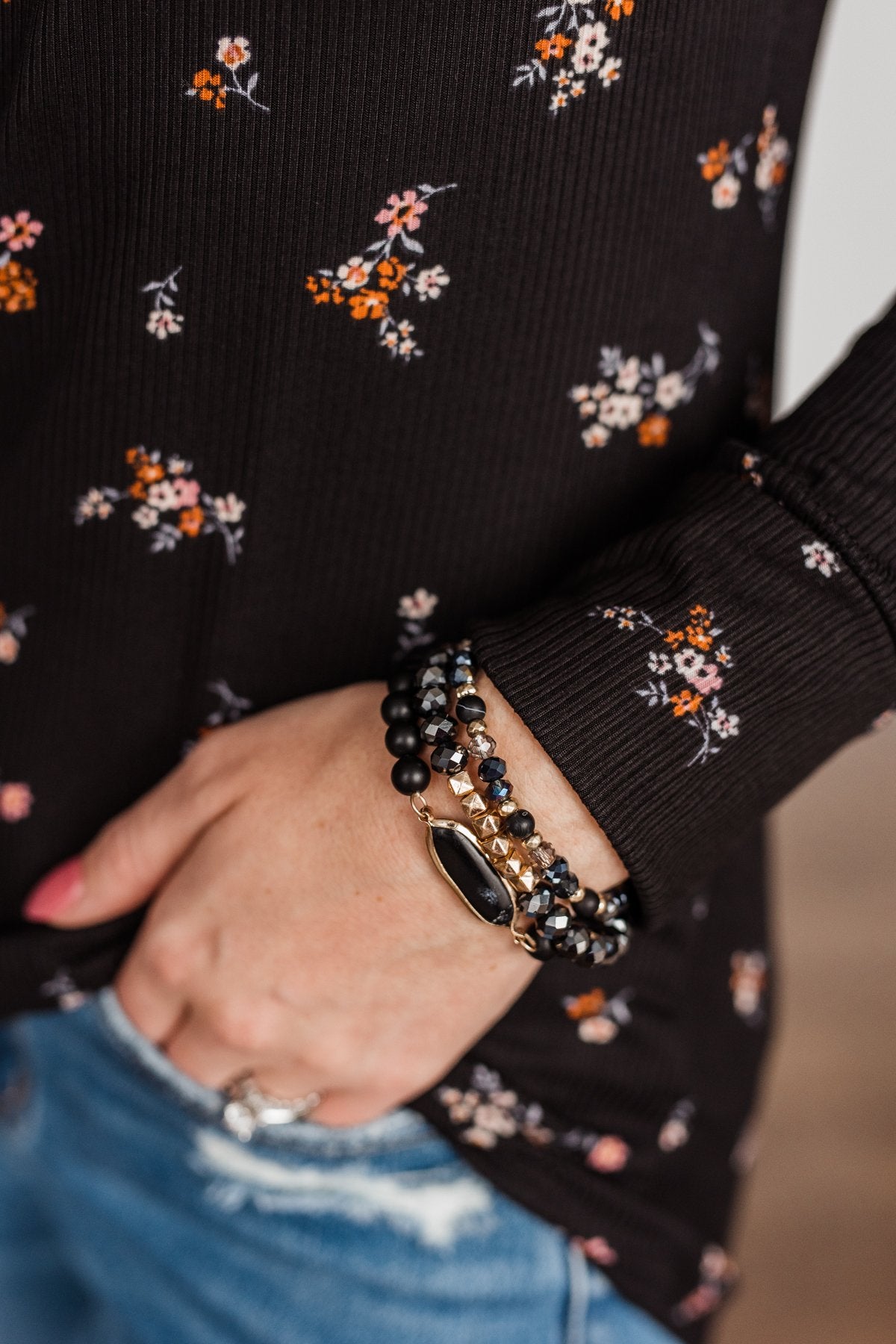 Sparks Of Joy Stackable Beaded Bracelet Set- Black
