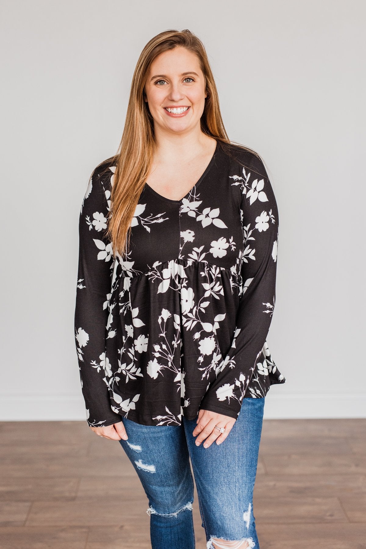 Moonlit Moments Floral Babydoll Top- Black