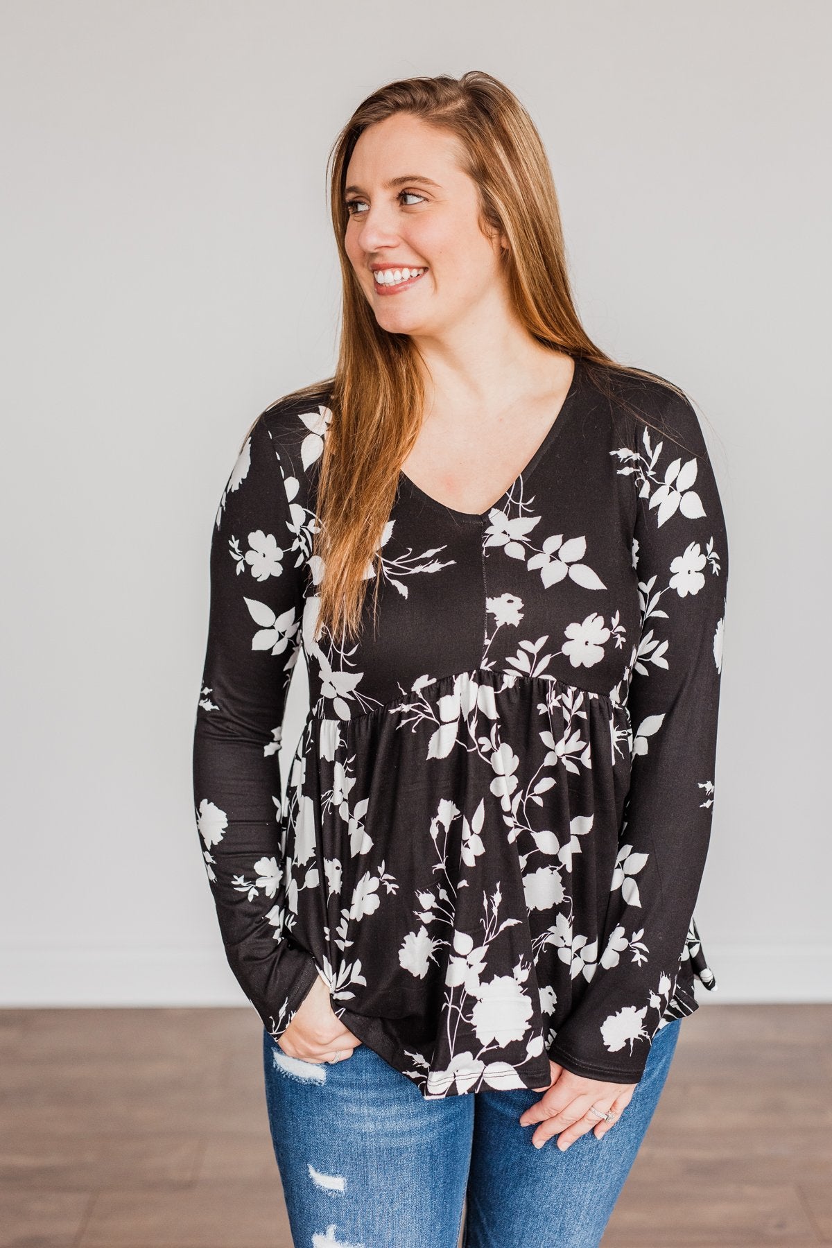 Moonlit Moments Floral Babydoll Top- Black