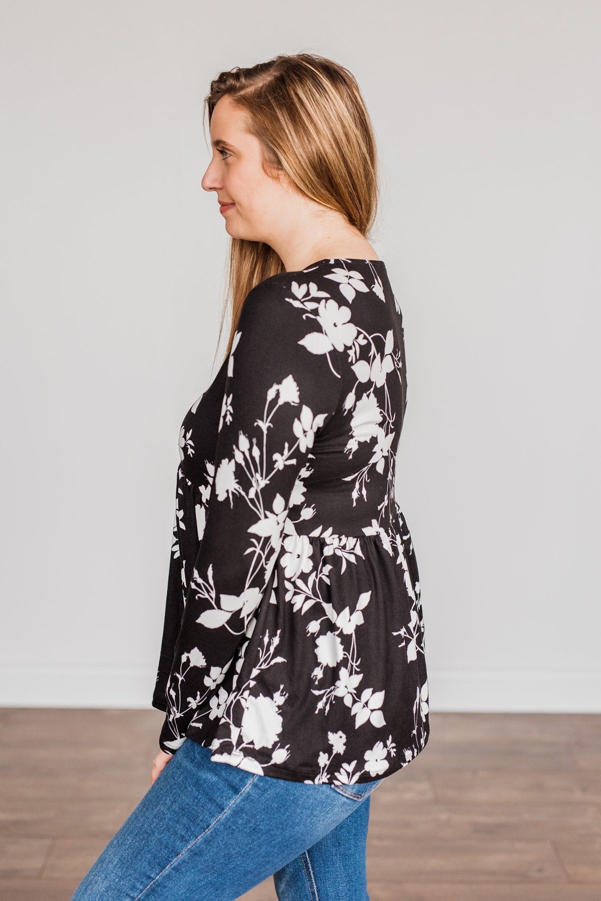 Moonlit Moments Floral Babydoll Top- Black