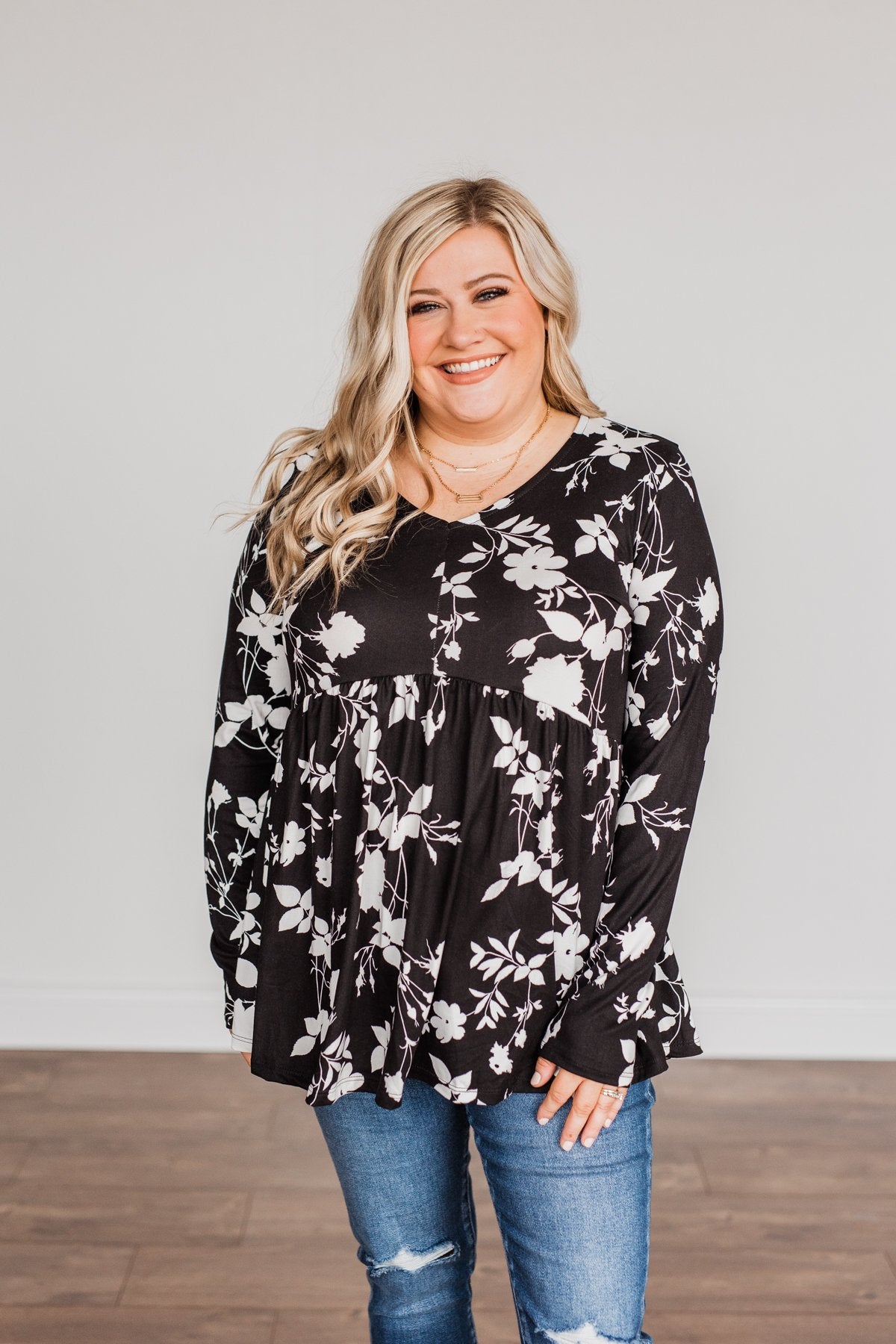 Moonlit Moments Floral Babydoll Top- Black