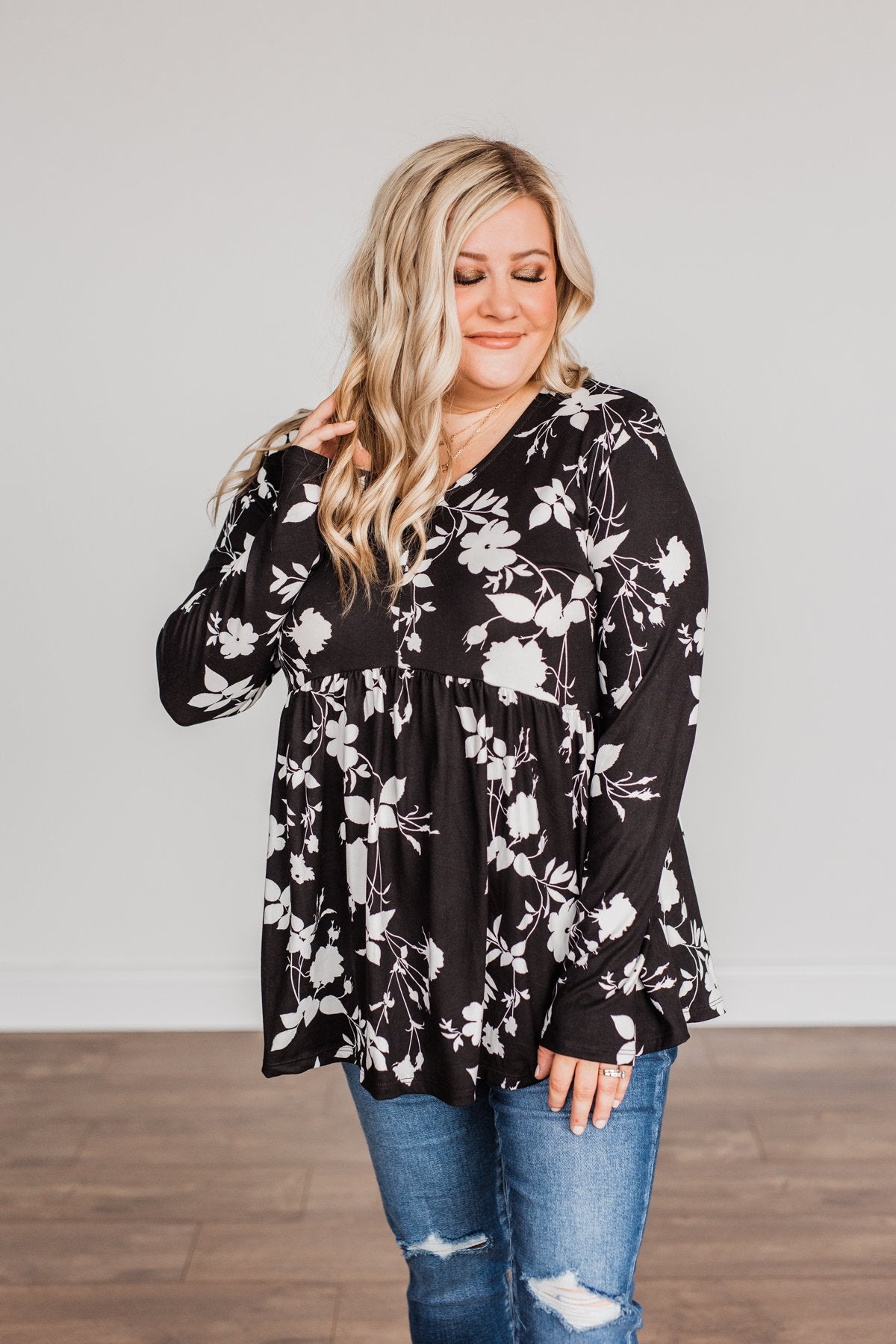 Moonlit Moments Floral Babydoll Top- Black