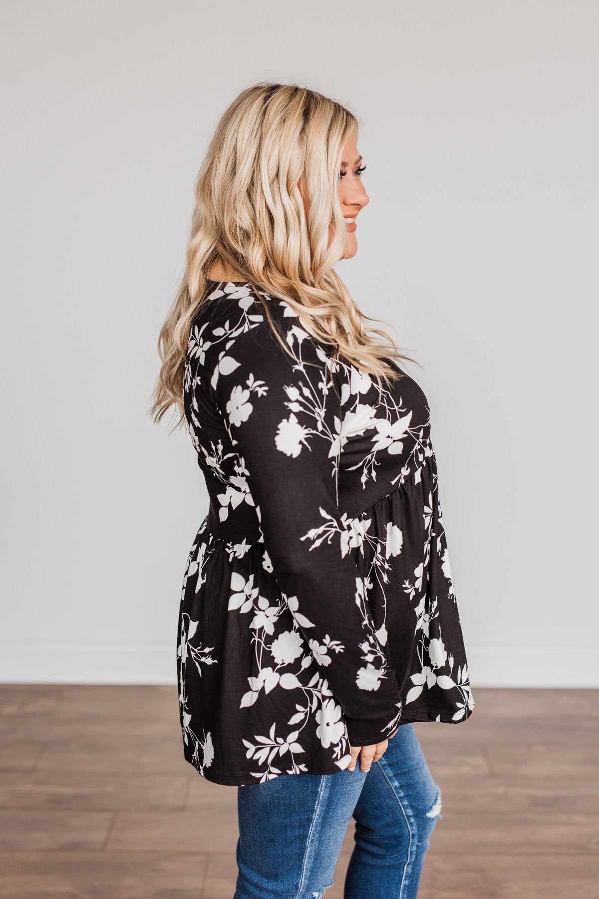 Moonlit Moments Floral Babydoll Top- Black