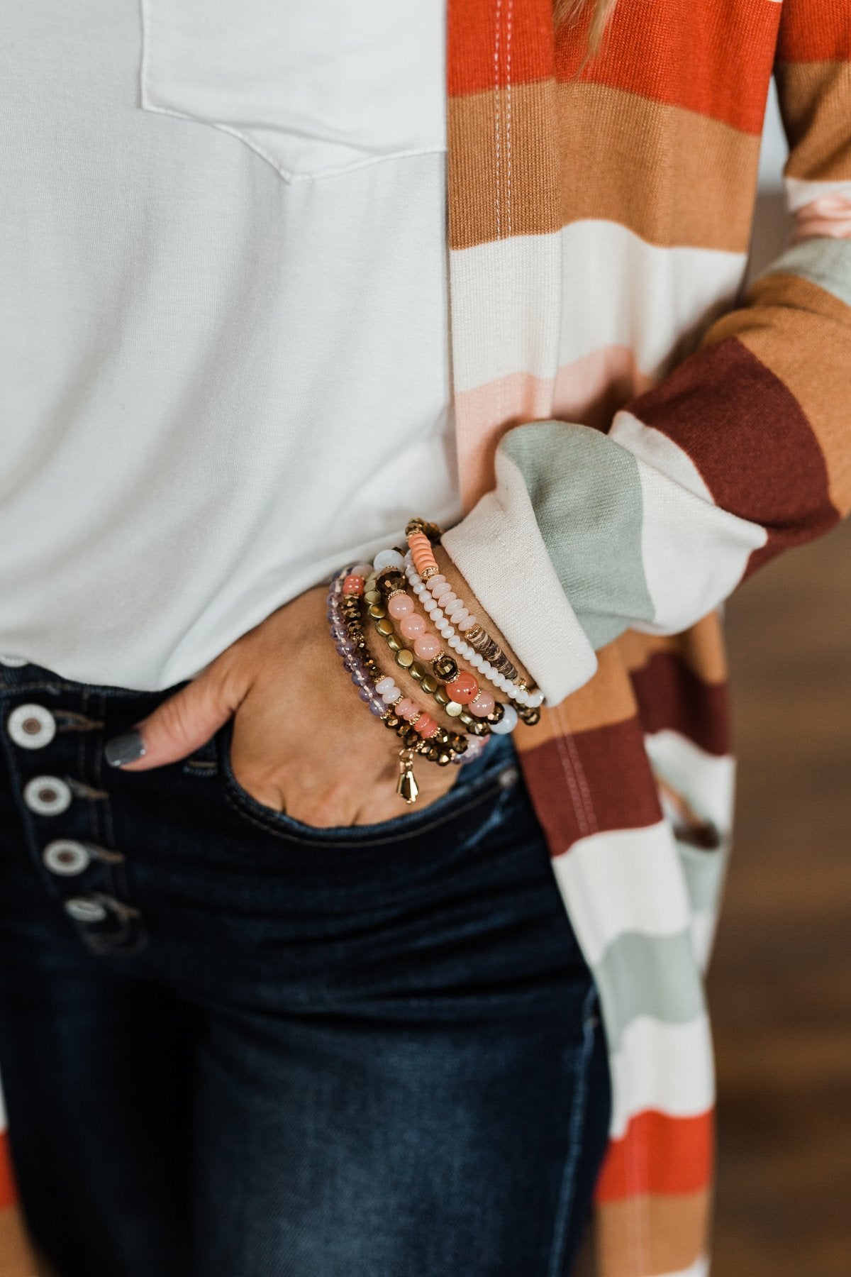 Tasseled Stackable Bracelet Set- Coral & Gold