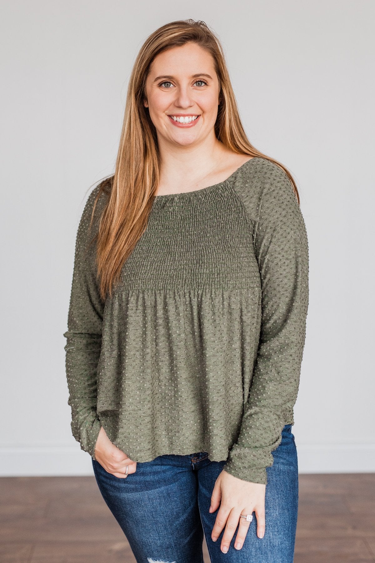 Doting Love Smocked Babydoll Top- Olive