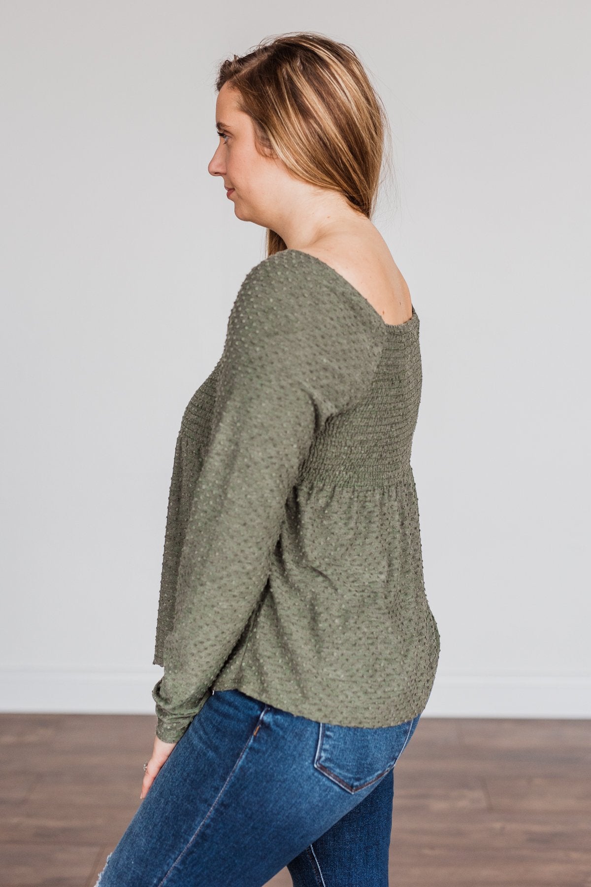 Doting Love Smocked Babydoll Top- Olive