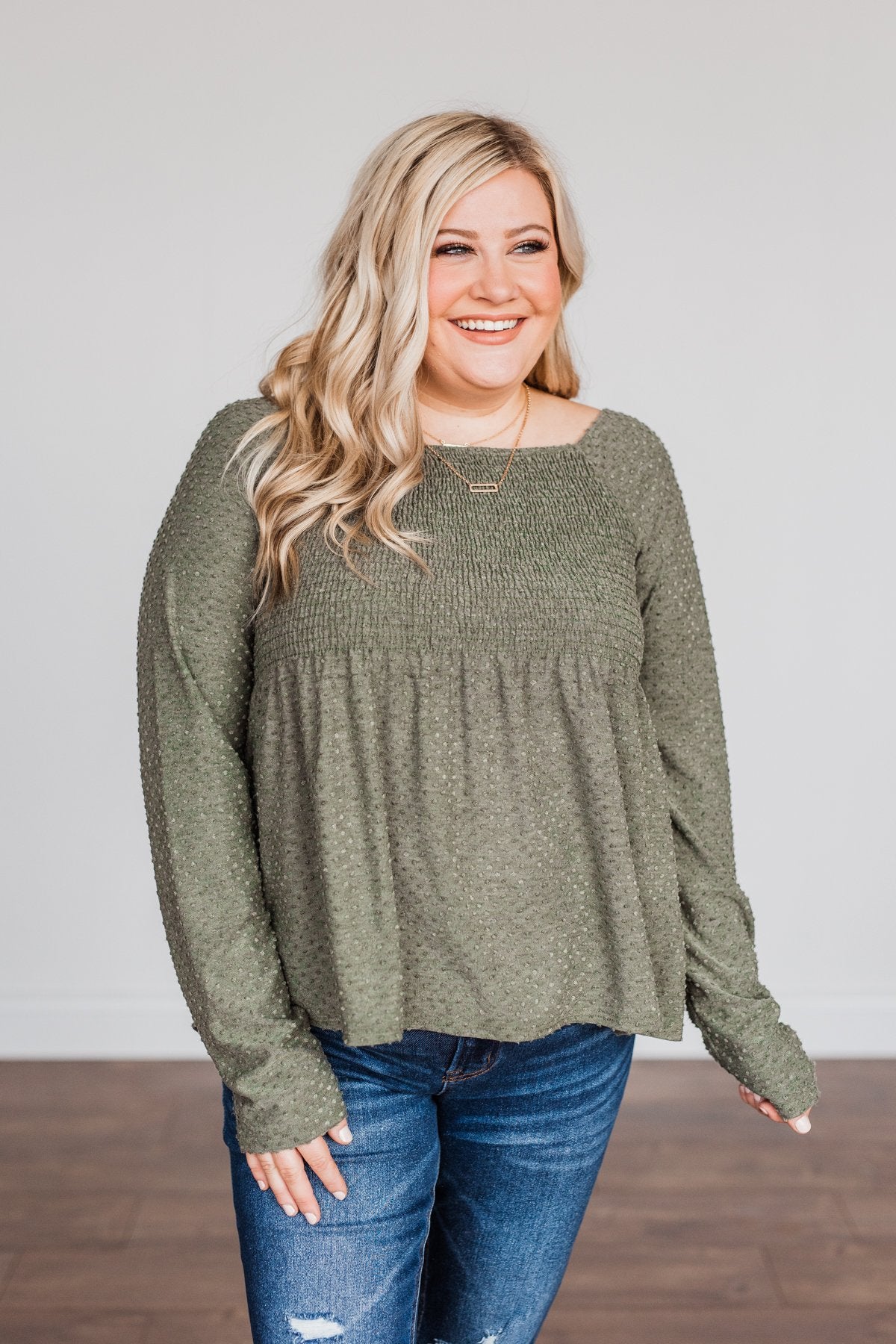Doting Love Smocked Babydoll Top- Olive