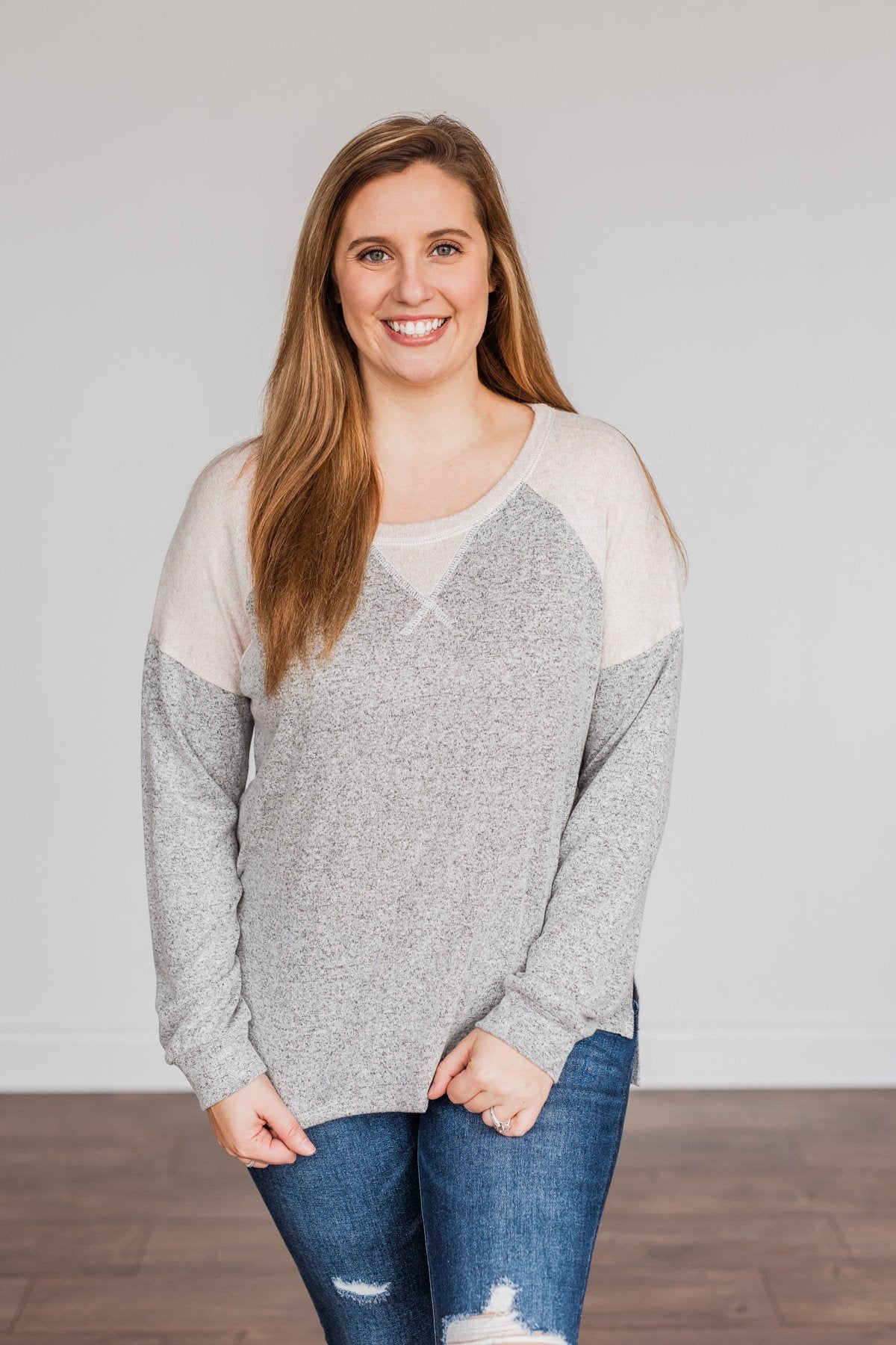 Always Be Me Knit Raglan Top- Heather Grey & Beige