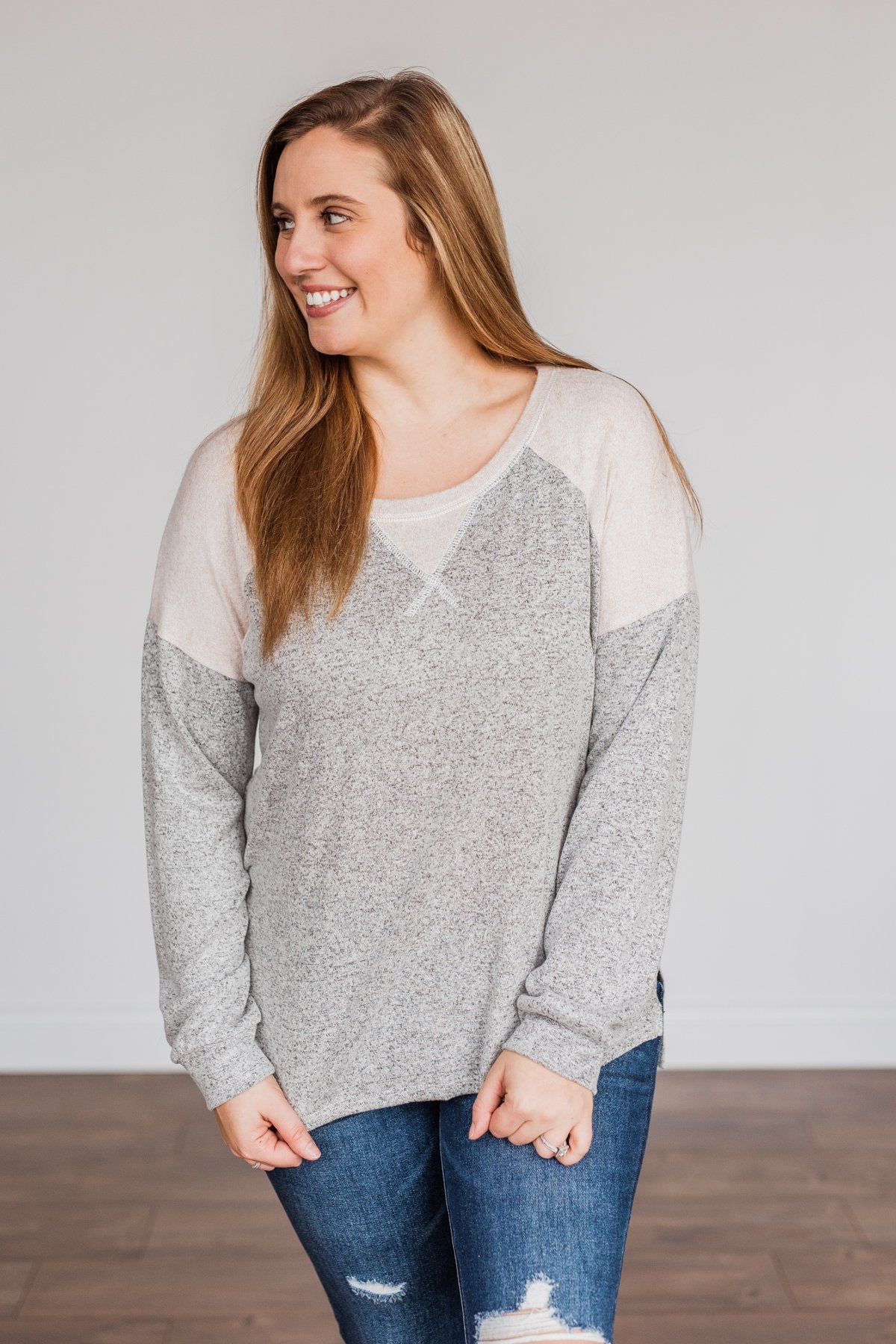 Always Be Me Knit Raglan Top- Heather Grey & Beige