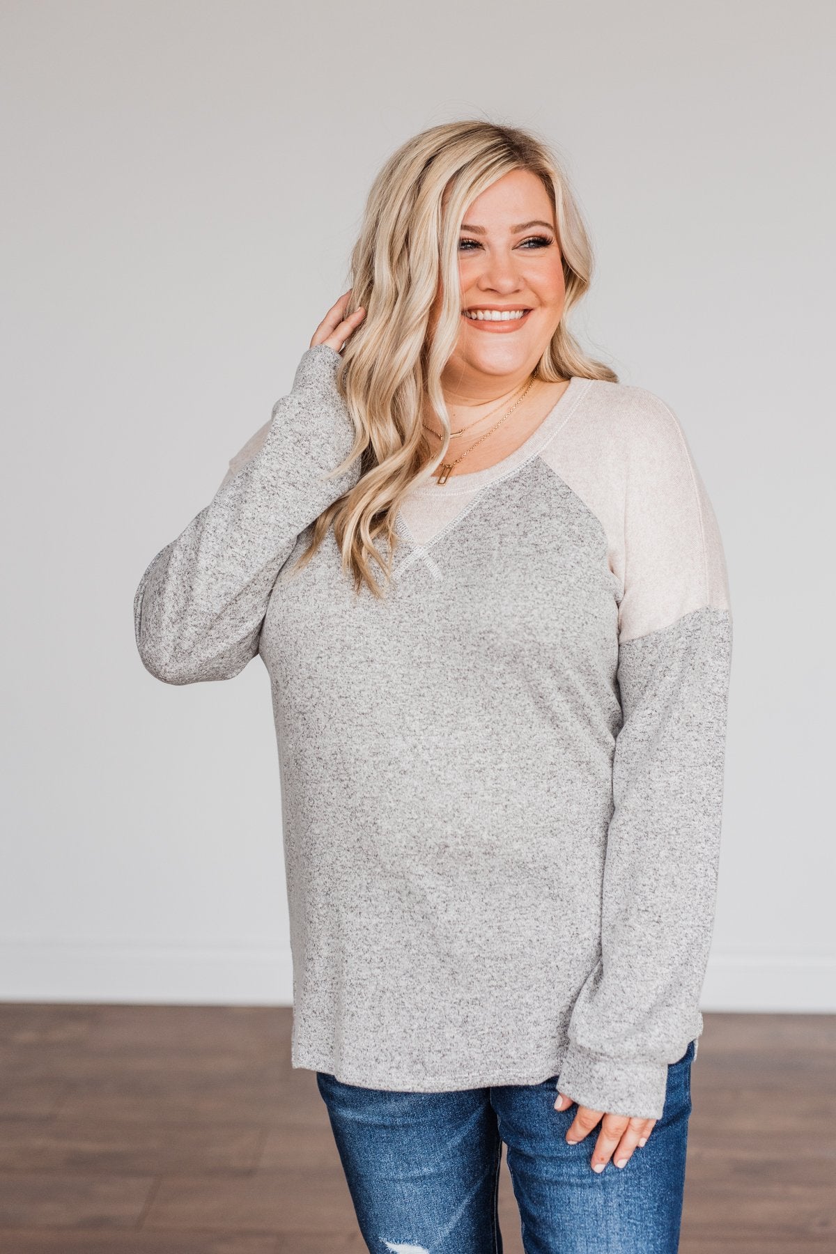 Always Be Me Knit Raglan Top- Heather Grey & Beige