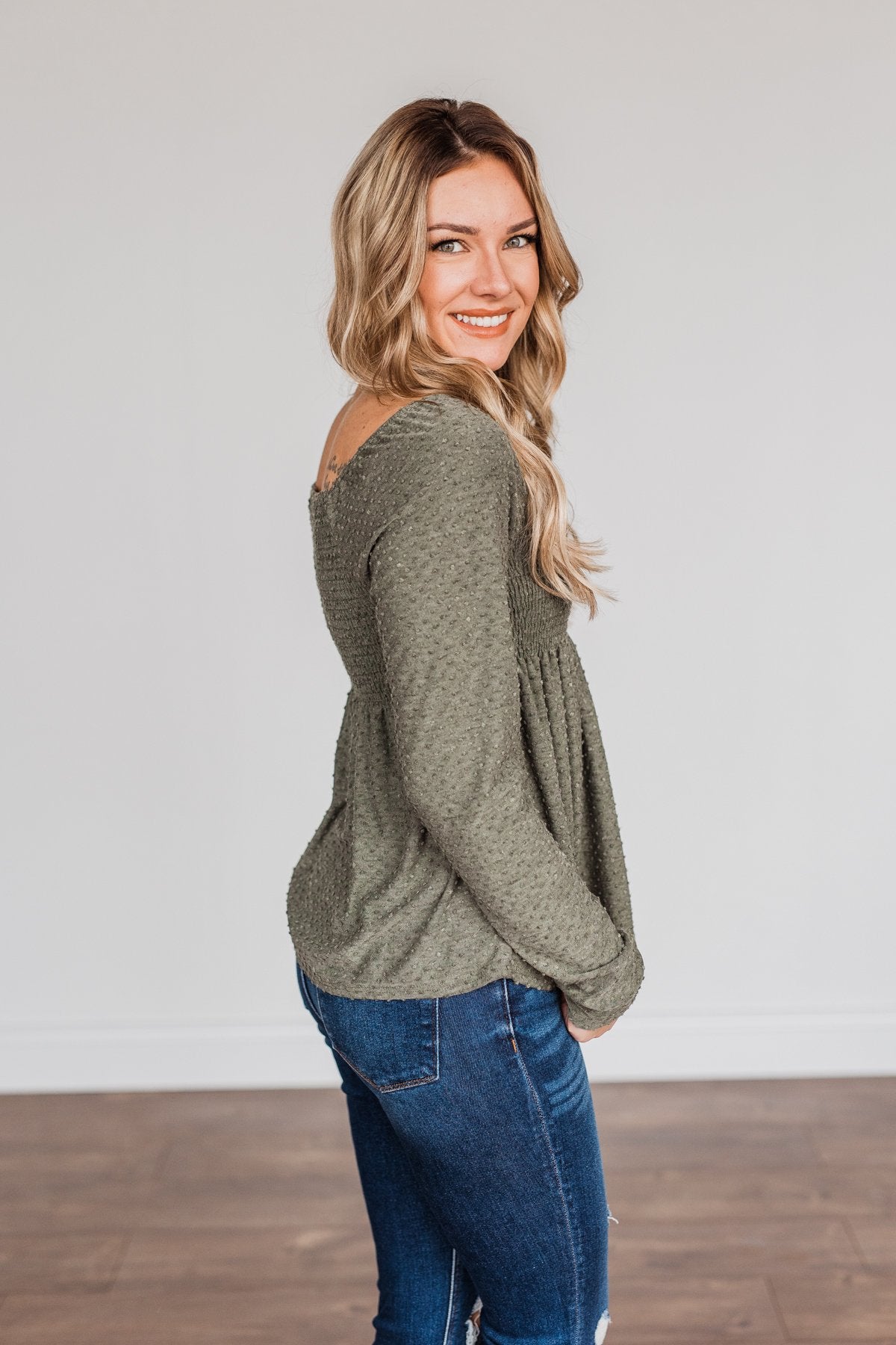 Doting Love Smocked Babydoll Top- Olive