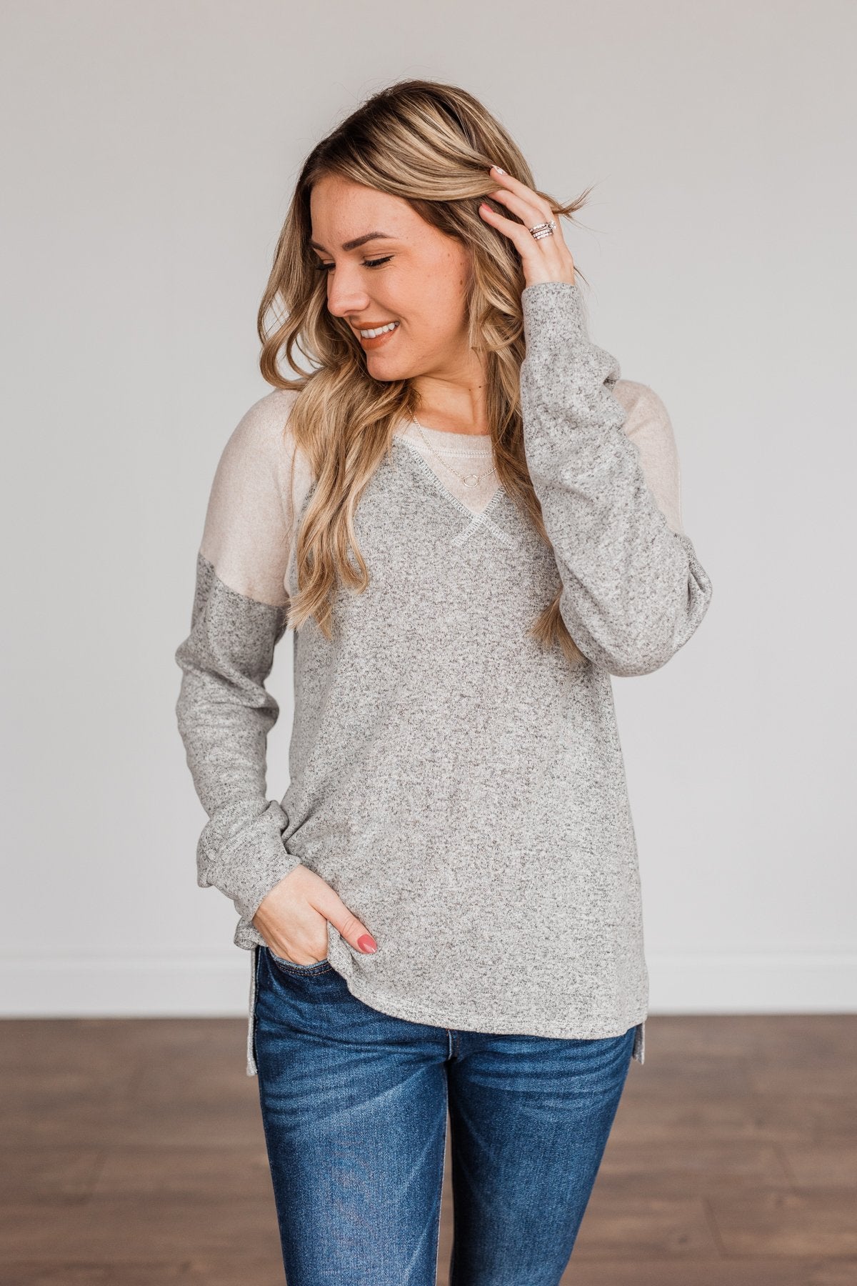 Always Be Me Knit Raglan Top- Heather Grey & Beige