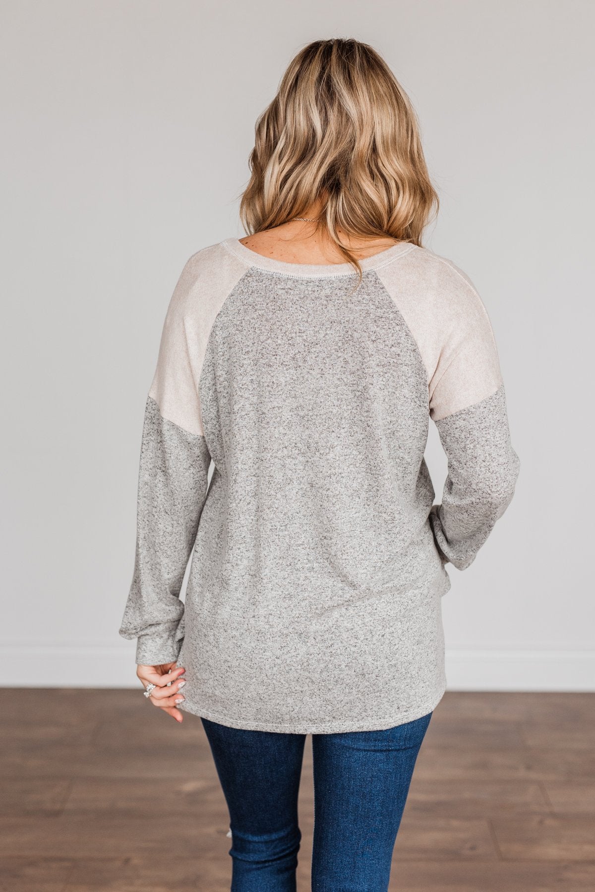 Always Be Me Knit Raglan Top- Heather Grey & Beige