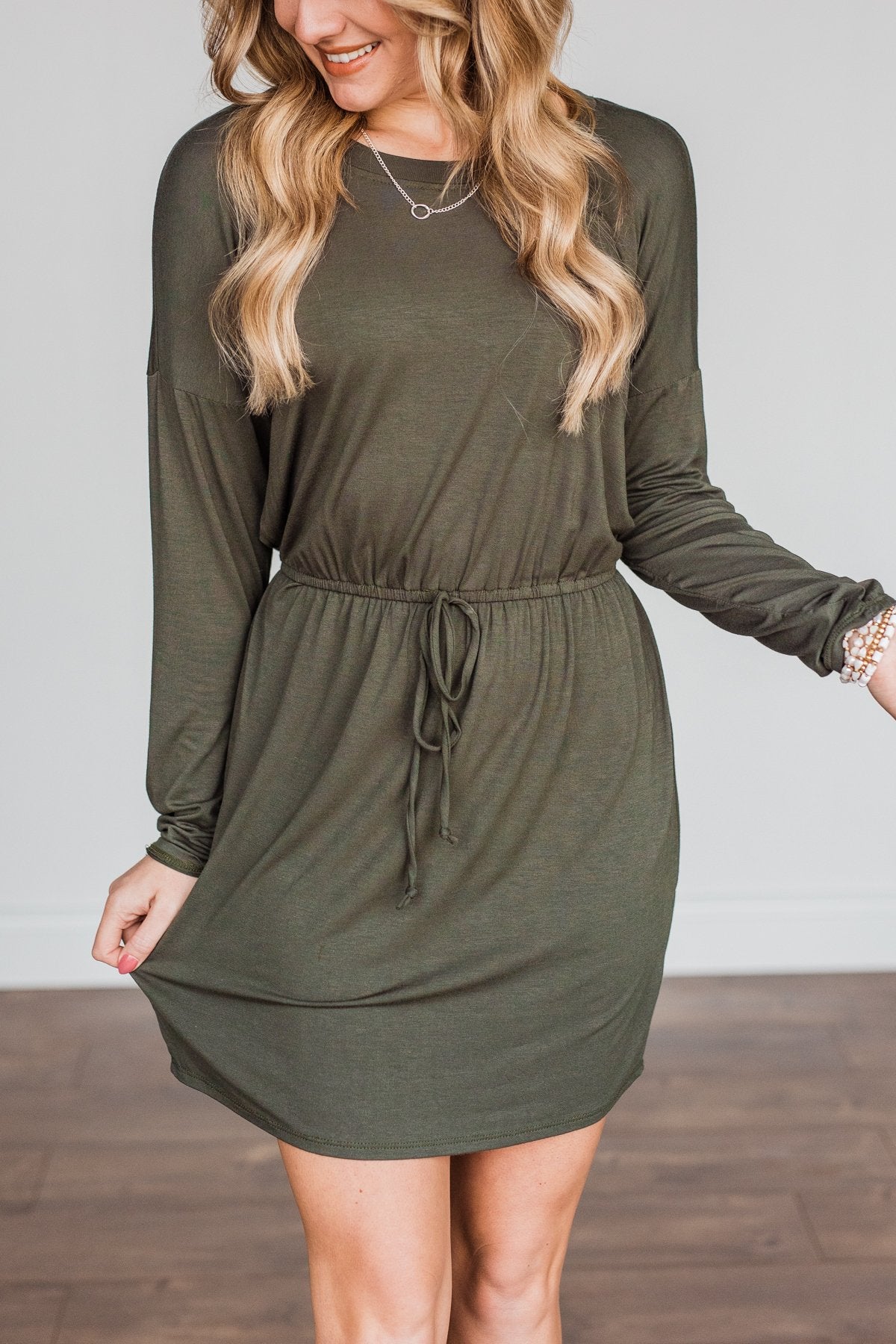 Moonlight Kisses Long Sleeve Dress- Dark Olive Moonlight Kisses Long Sleeve Dress- Dark Olive