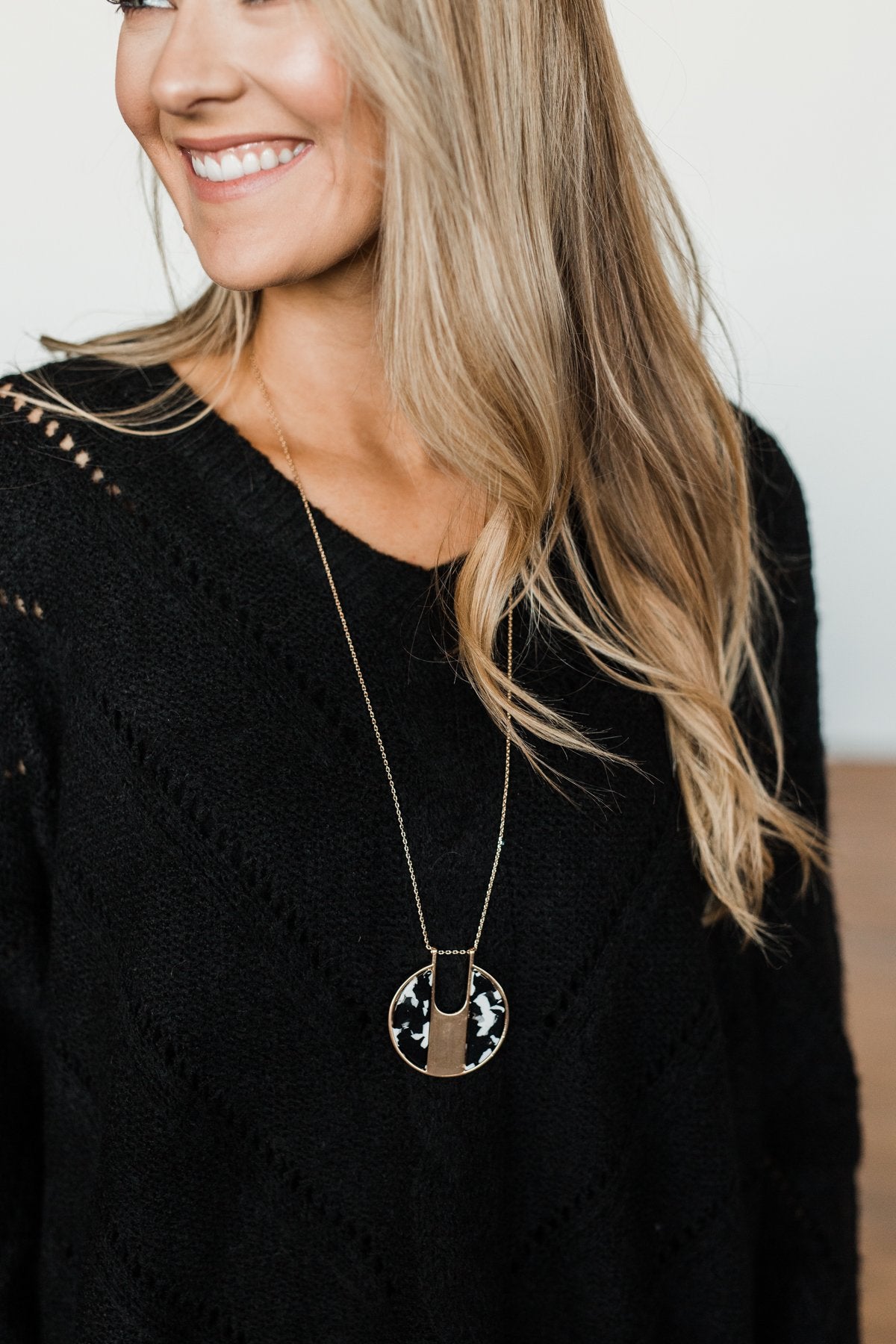 Pretty Little Thing Circle Pendant Necklace- Black, White, Gold