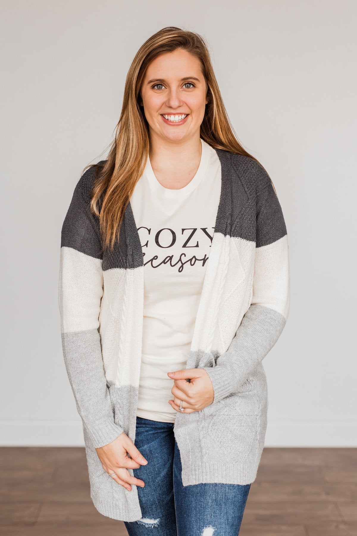 Falling Beauty Color Block Cardigan- Charcoal & Ivory