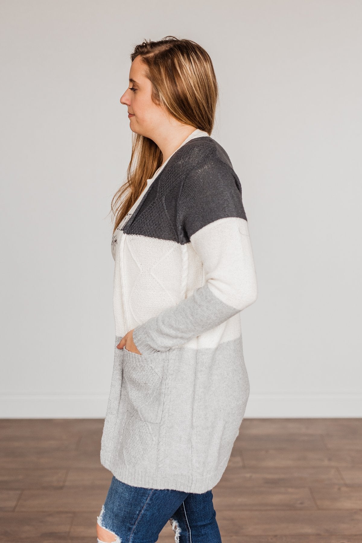 Falling Beauty Color Block Cardigan- Charcoal & Ivory