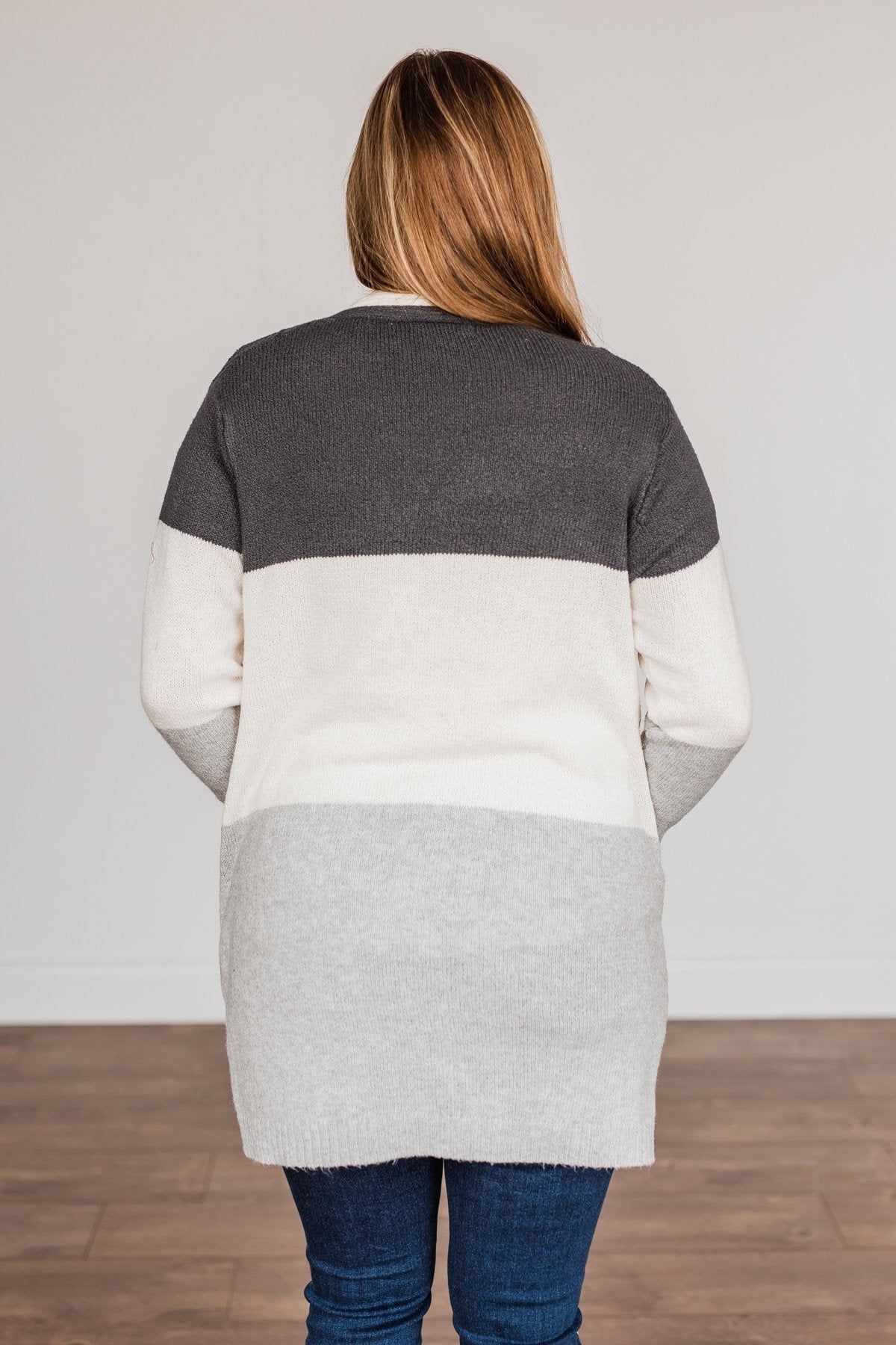 Falling Beauty Color Block Cardigan- Charcoal & Ivory