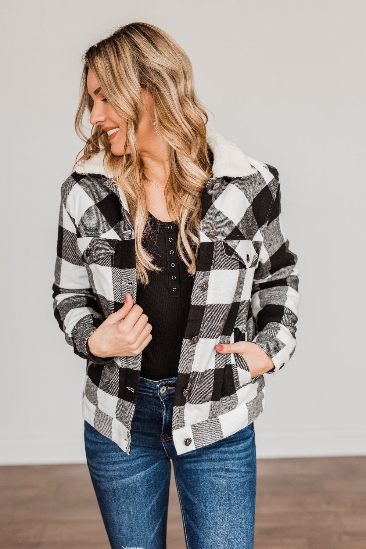 Cute & Cuddly Plaid Button Jacket- Black & White