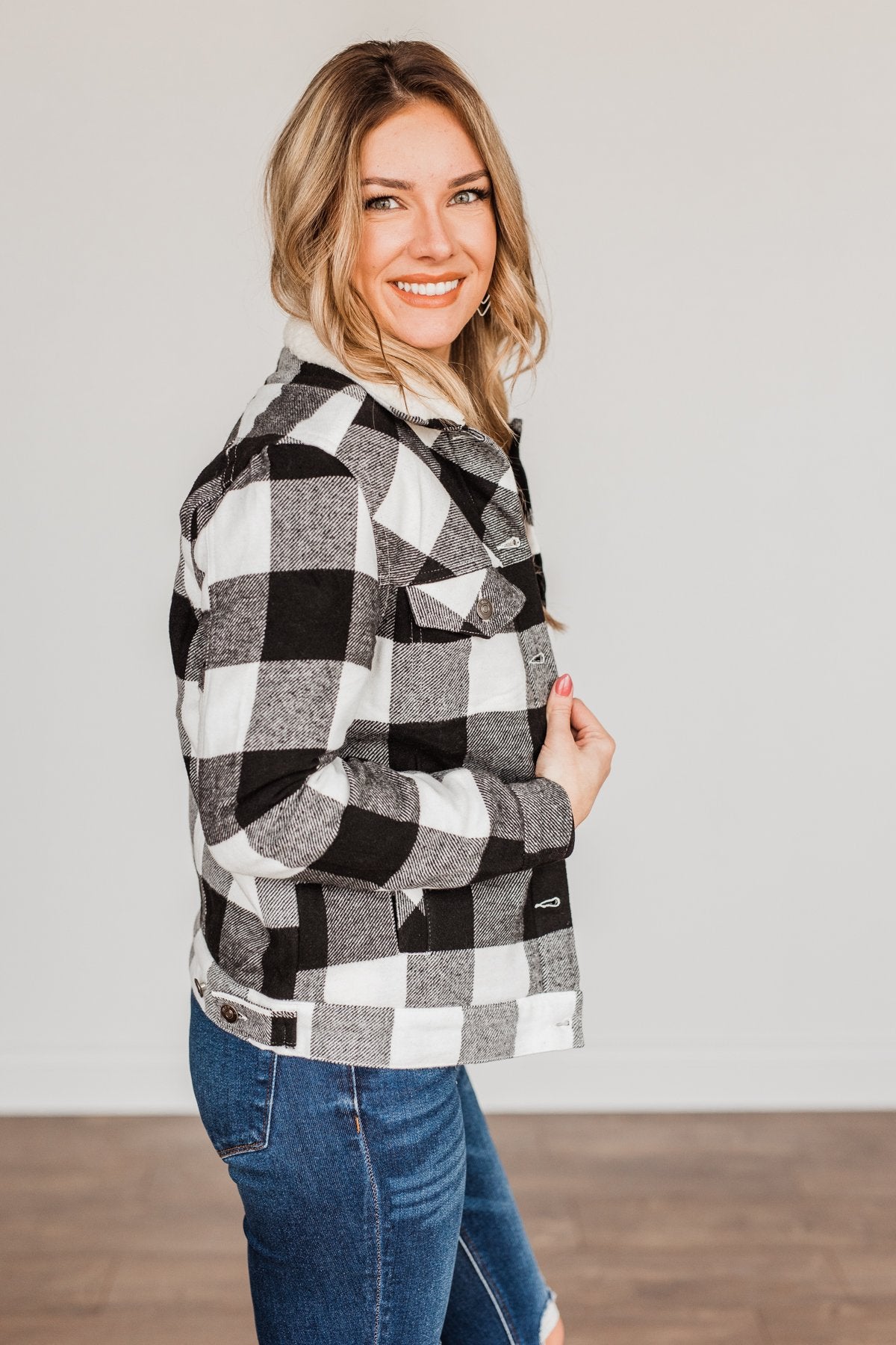 Cute & Cuddly Plaid Button Jacket- Black & White