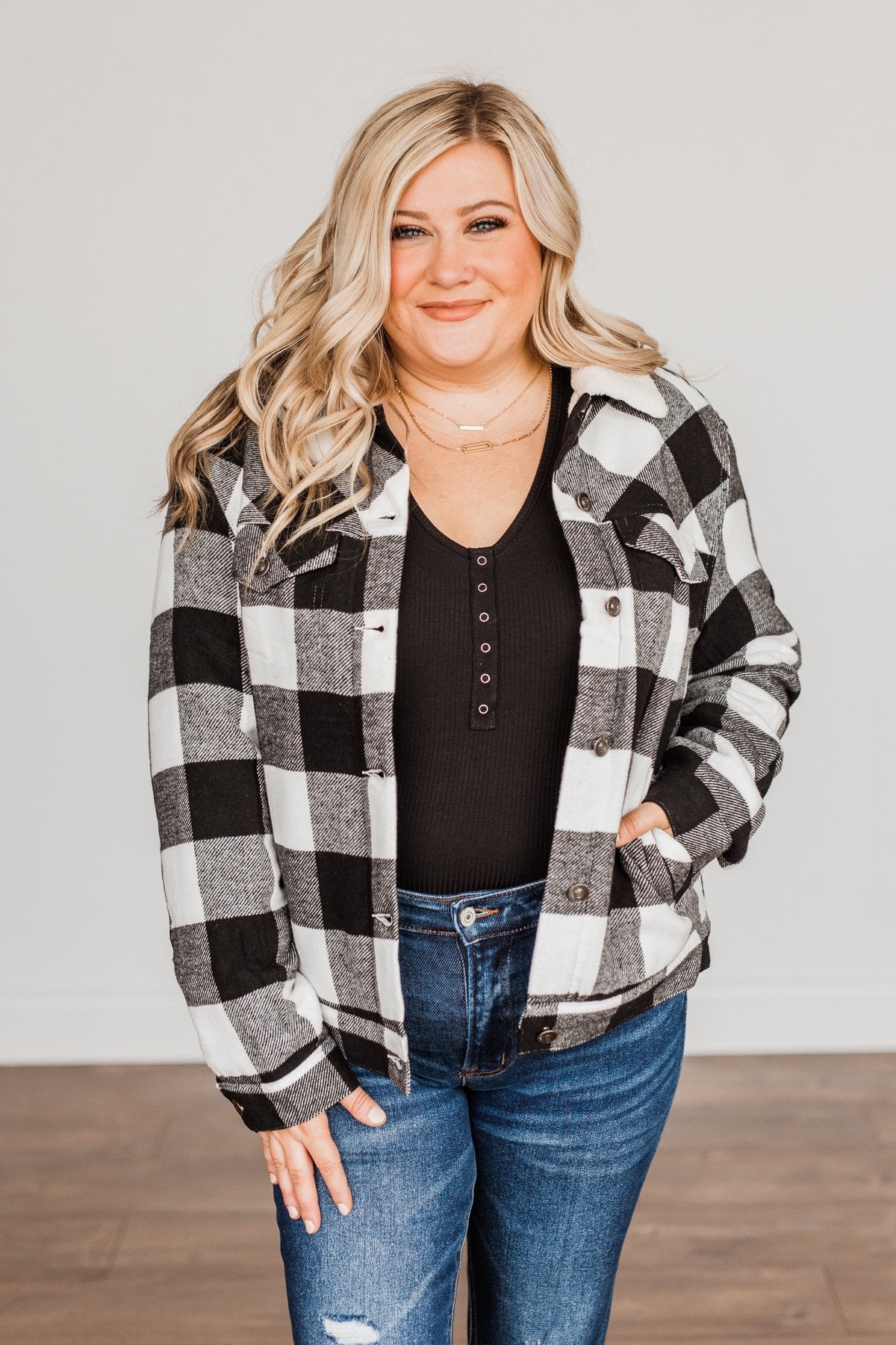 Cute & Cuddly Plaid Button Jacket- Black & White