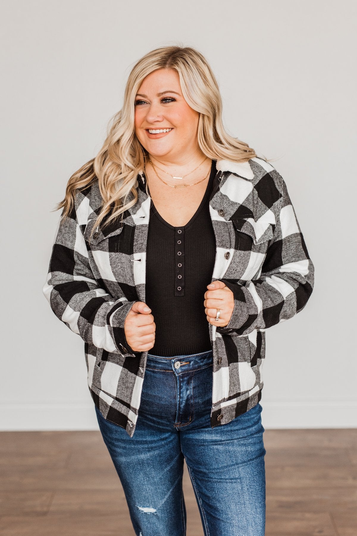Cute & Cuddly Plaid Button Jacket- Black & White