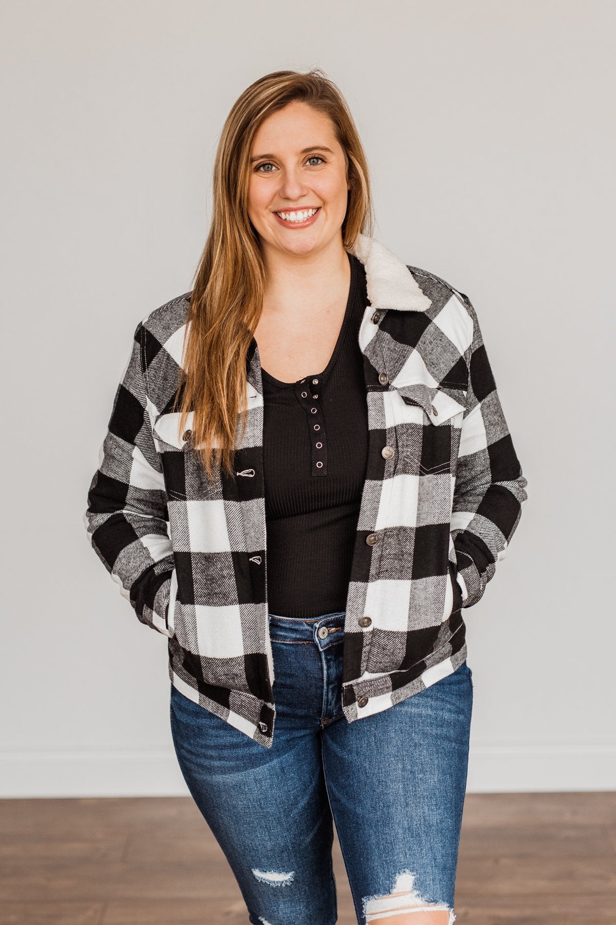 Cute & Cuddly Plaid Button Jacket- Black & White