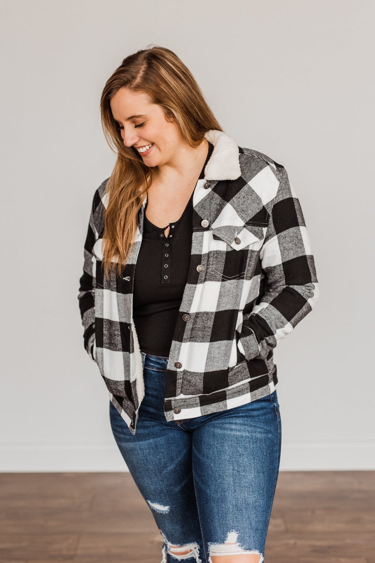 Cute & Cuddly Plaid Button Jacket- Black & White