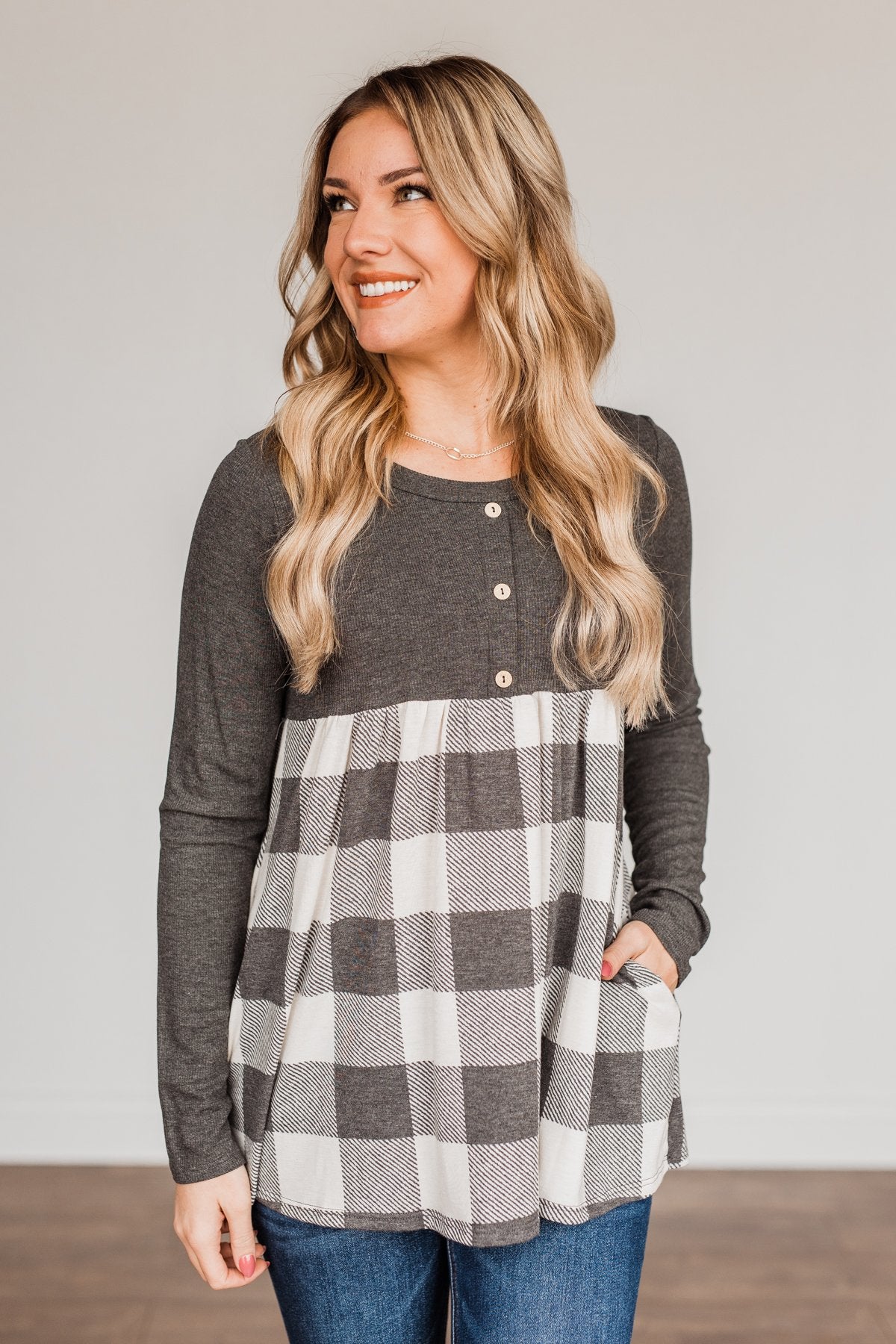 Loving Every Second Plaid Babydoll Top- Charcoal