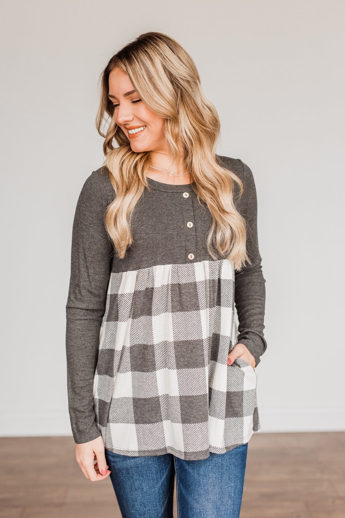 Loving Every Second Plaid Babydoll Top- Charcoal