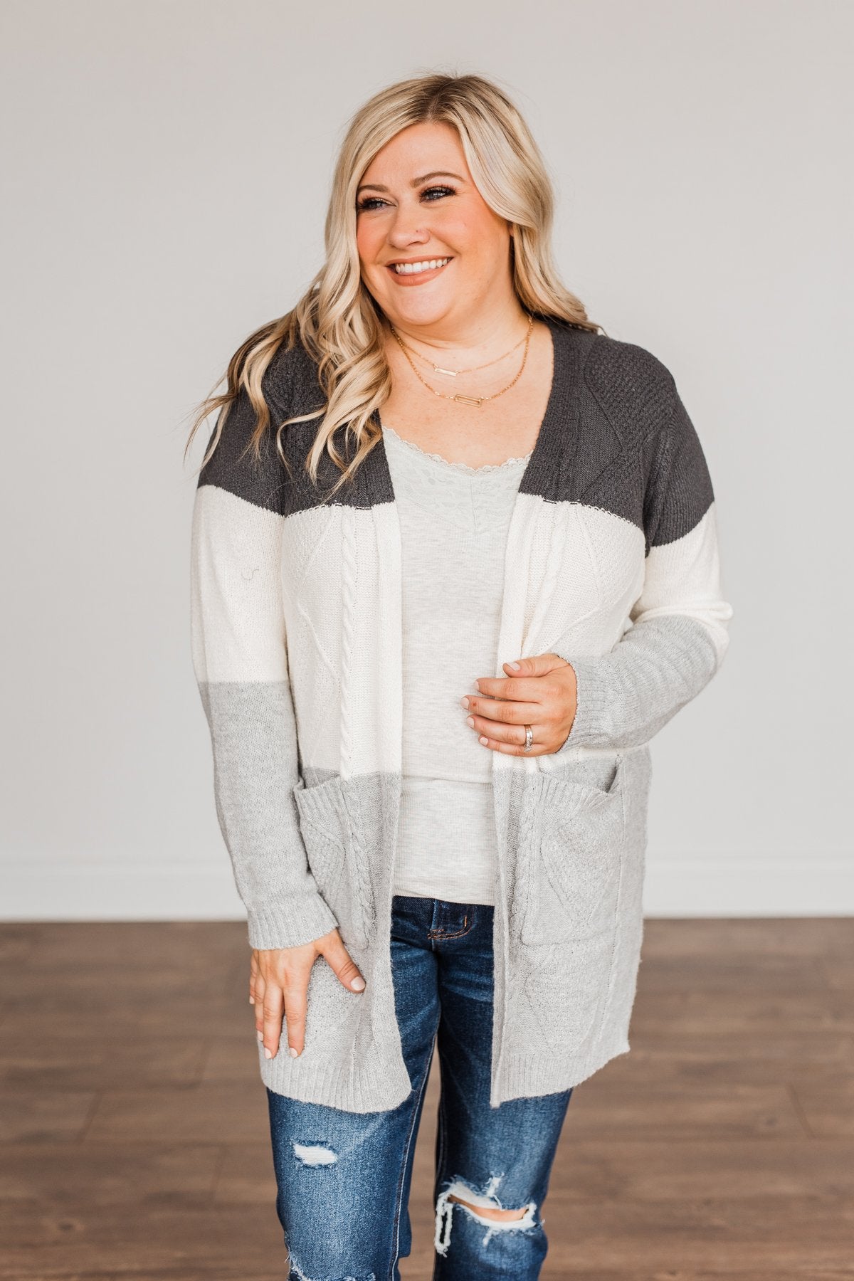 Falling Beauty Color Block Cardigan- Charcoal & Ivory