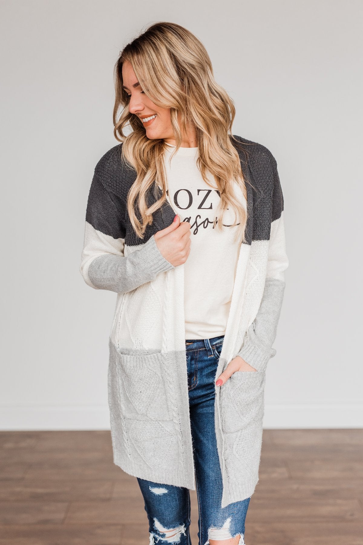 Falling Beauty Color Block Cardigan- Charcoal & Ivory