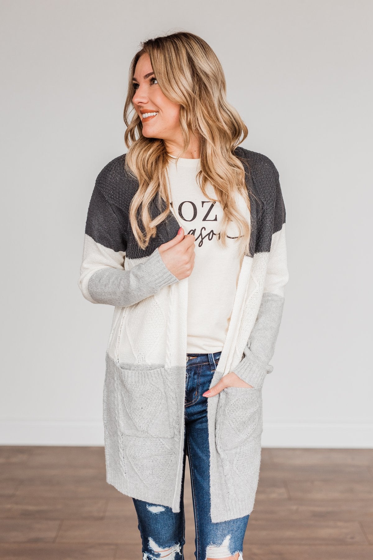 Falling Beauty Color Block Cardigan- Charcoal & Ivory