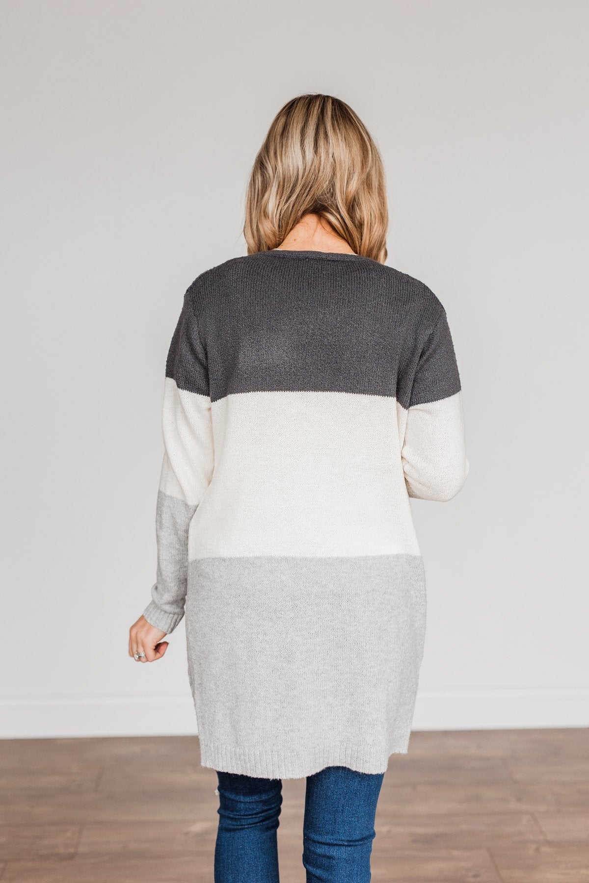 Falling Beauty Color Block Cardigan- Charcoal & Ivory