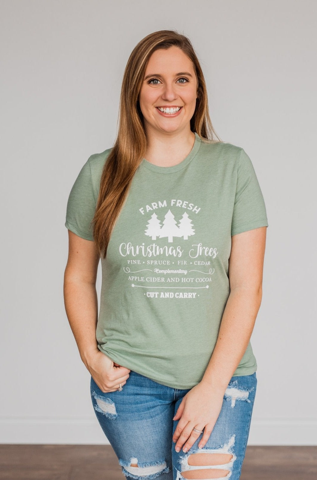 "Farm Fresh Christmas Trees" Graphic Tee- Sage