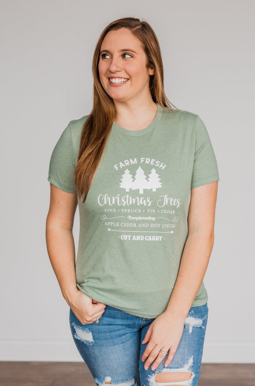"Farm Fresh Christmas Trees" Graphic Tee- Sage